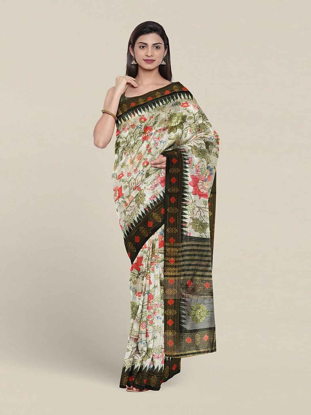 

Pothys Floral Printed Jute Silk Saree, White