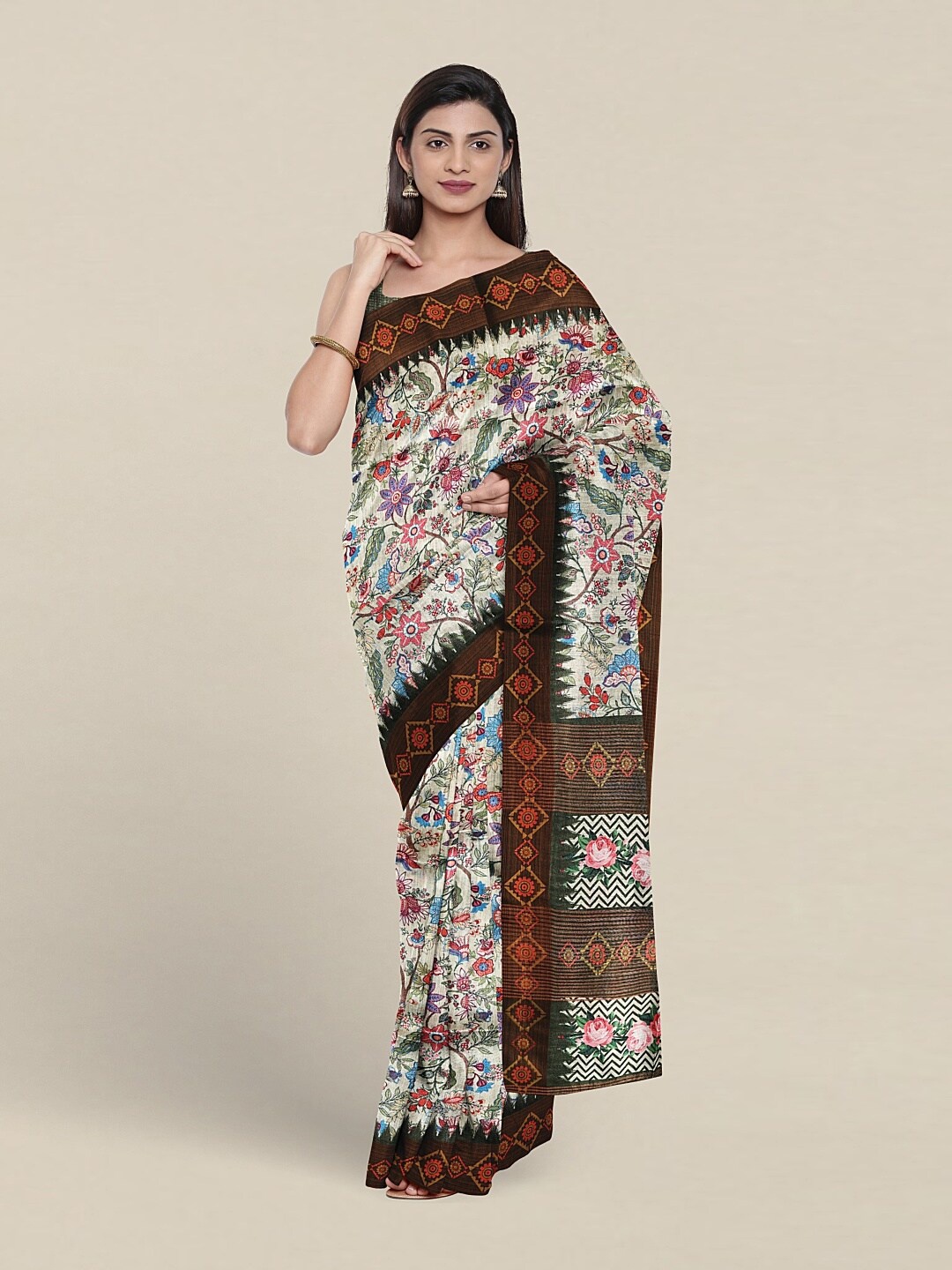 

Pothys Floral Printed Jute Silk Saree, Off white