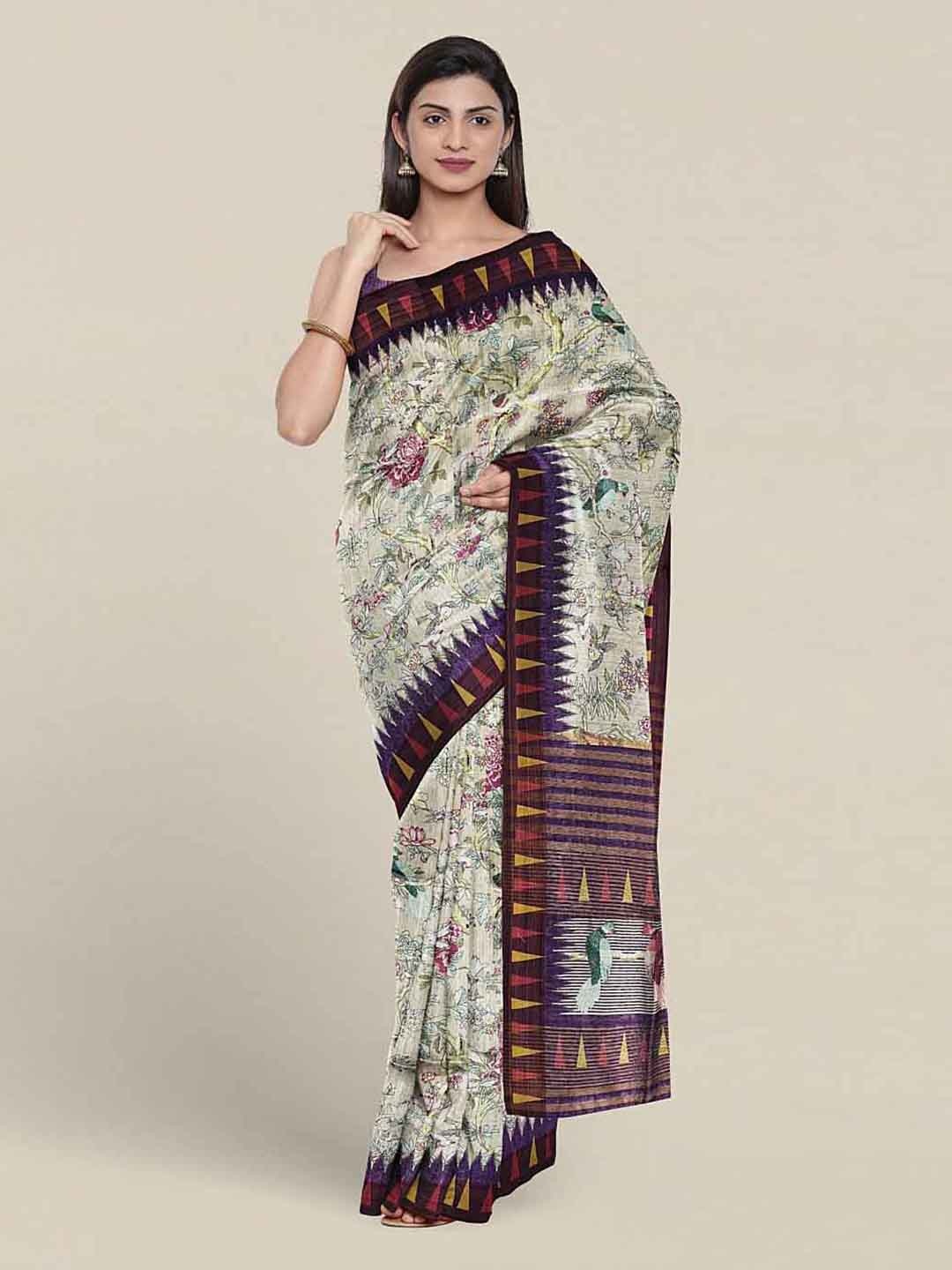 

Pothys Floral Printed Jute Silk Saree, Green