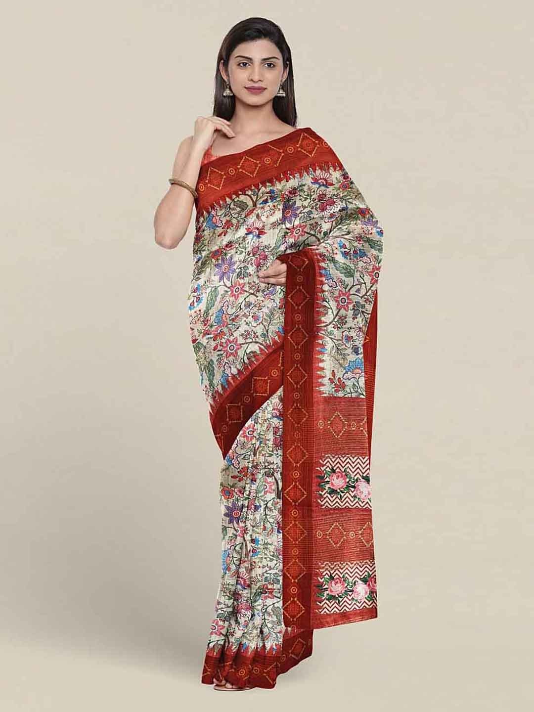 

Pothys Ethnic Motifs Printed Jute Silk Saree, Cream