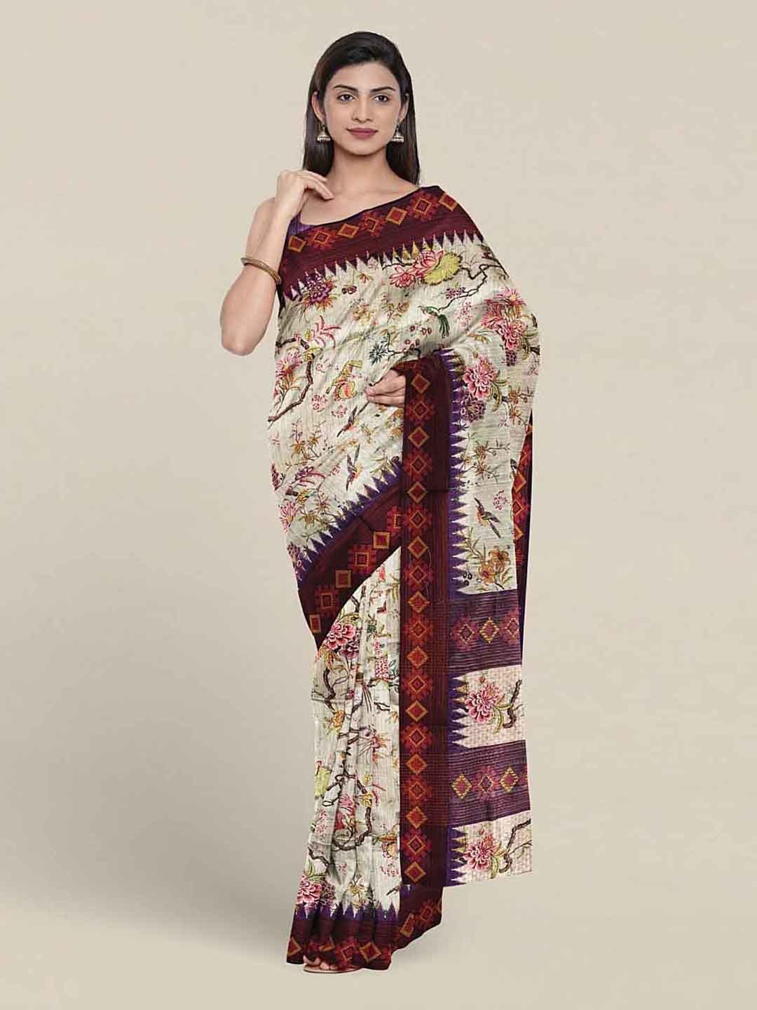 

Pothys Floral Printed Jute Silk Saree With Blouse Piece, Cream