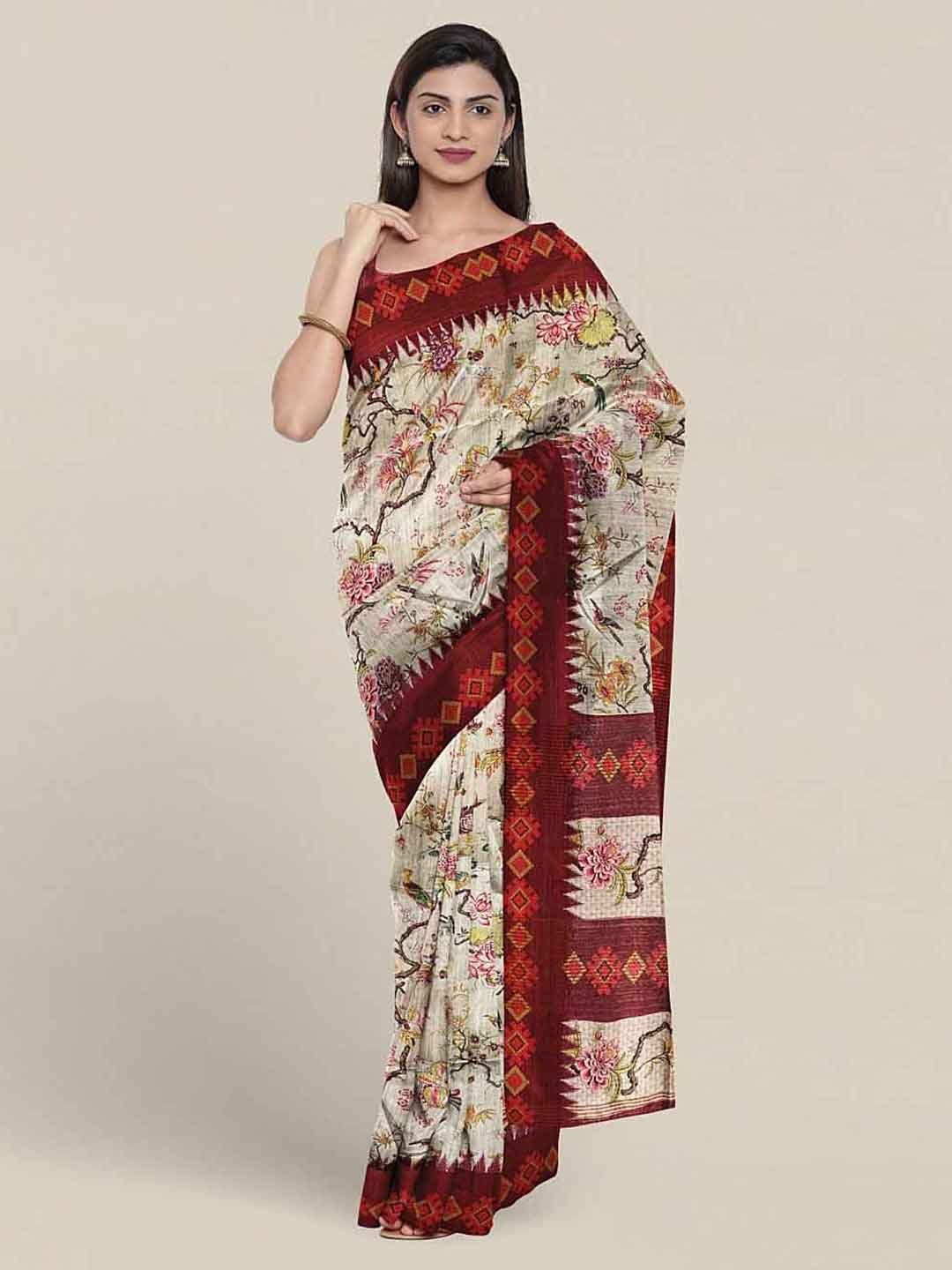 

Pothys Floral Printed Jute Silk Saree, White