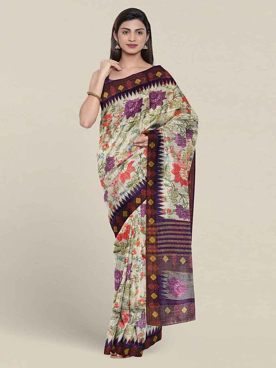 

Pothys Floral Printed Jute Silk Saree, White