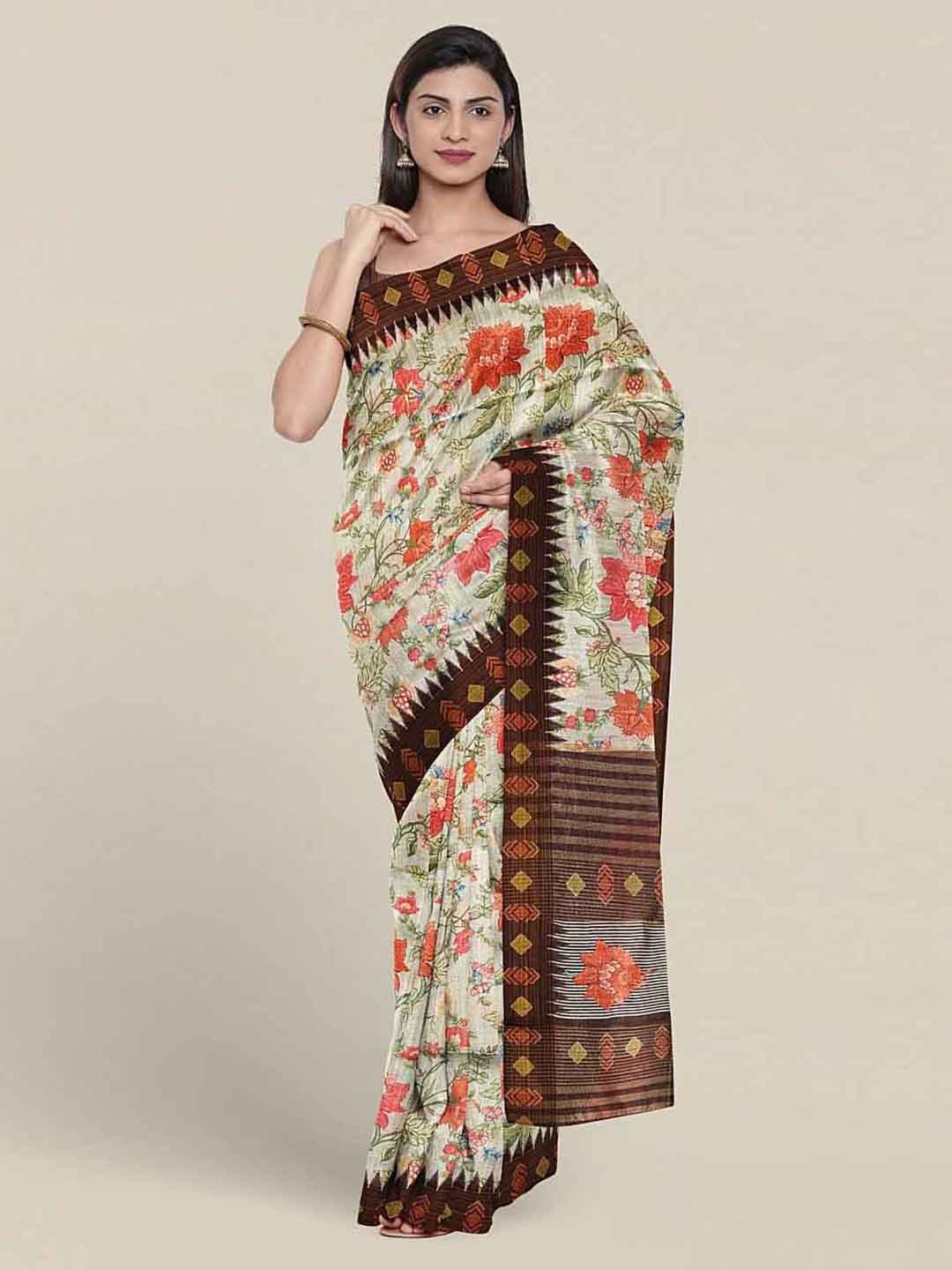 

Pothys Floral Printed Jute Silk Saree, Off white