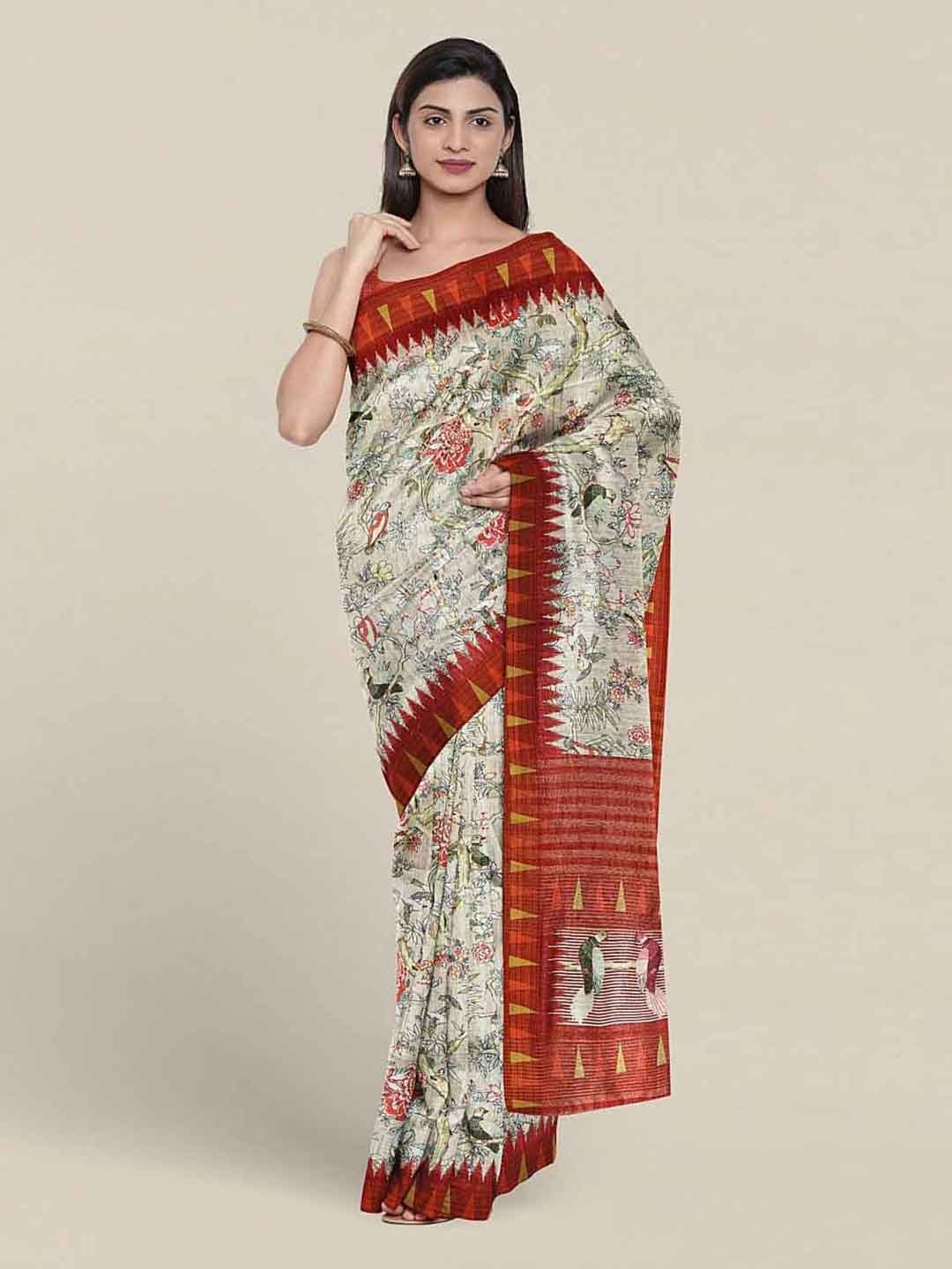 

Pothys Floral Printed Jute Silk Saree, Off white