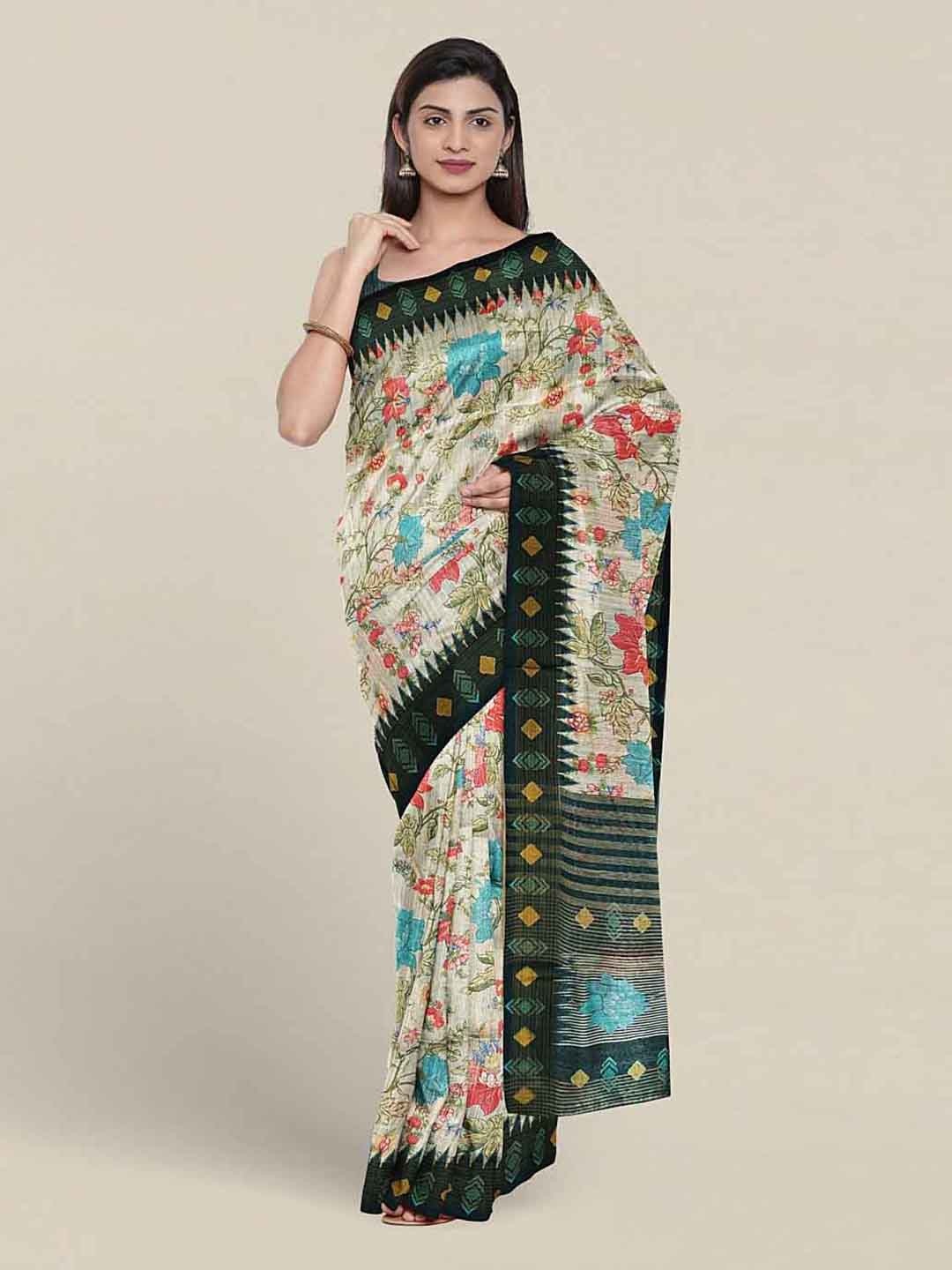 

Pothys Floral Printed Jute Silk Saree, White