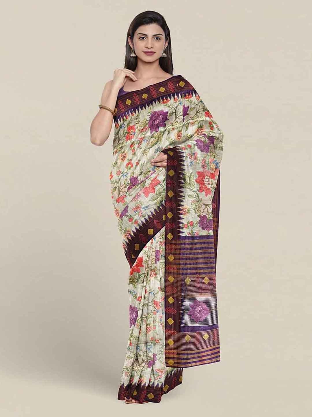 

Pothys Floral Printed Jute Silk Saree, White