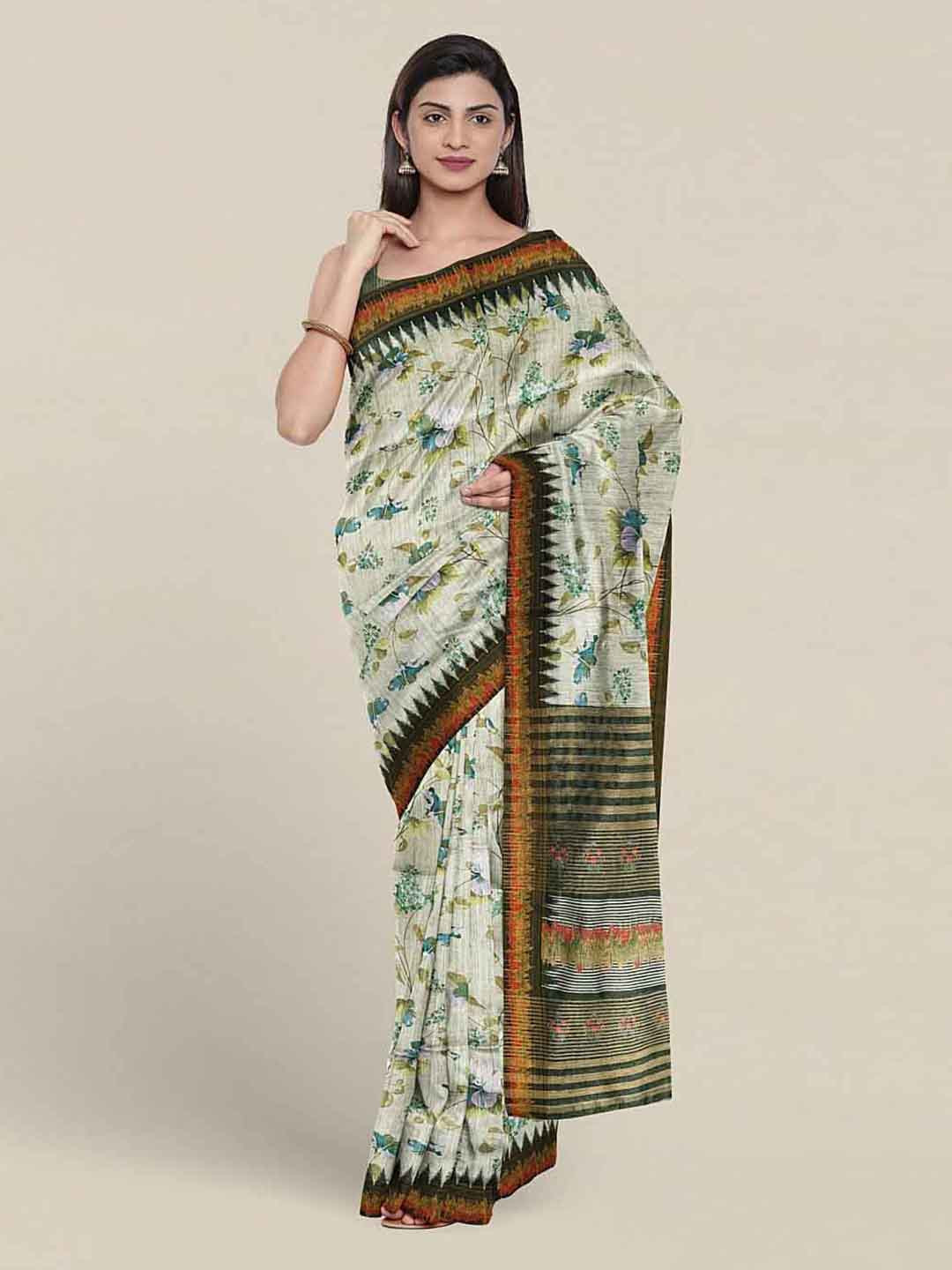 

Pothys Floral Printed Jute Silk Saree, Green