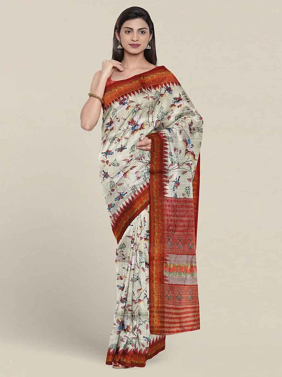 

Pothys Floral Printed Jute Silk Saree, Cream