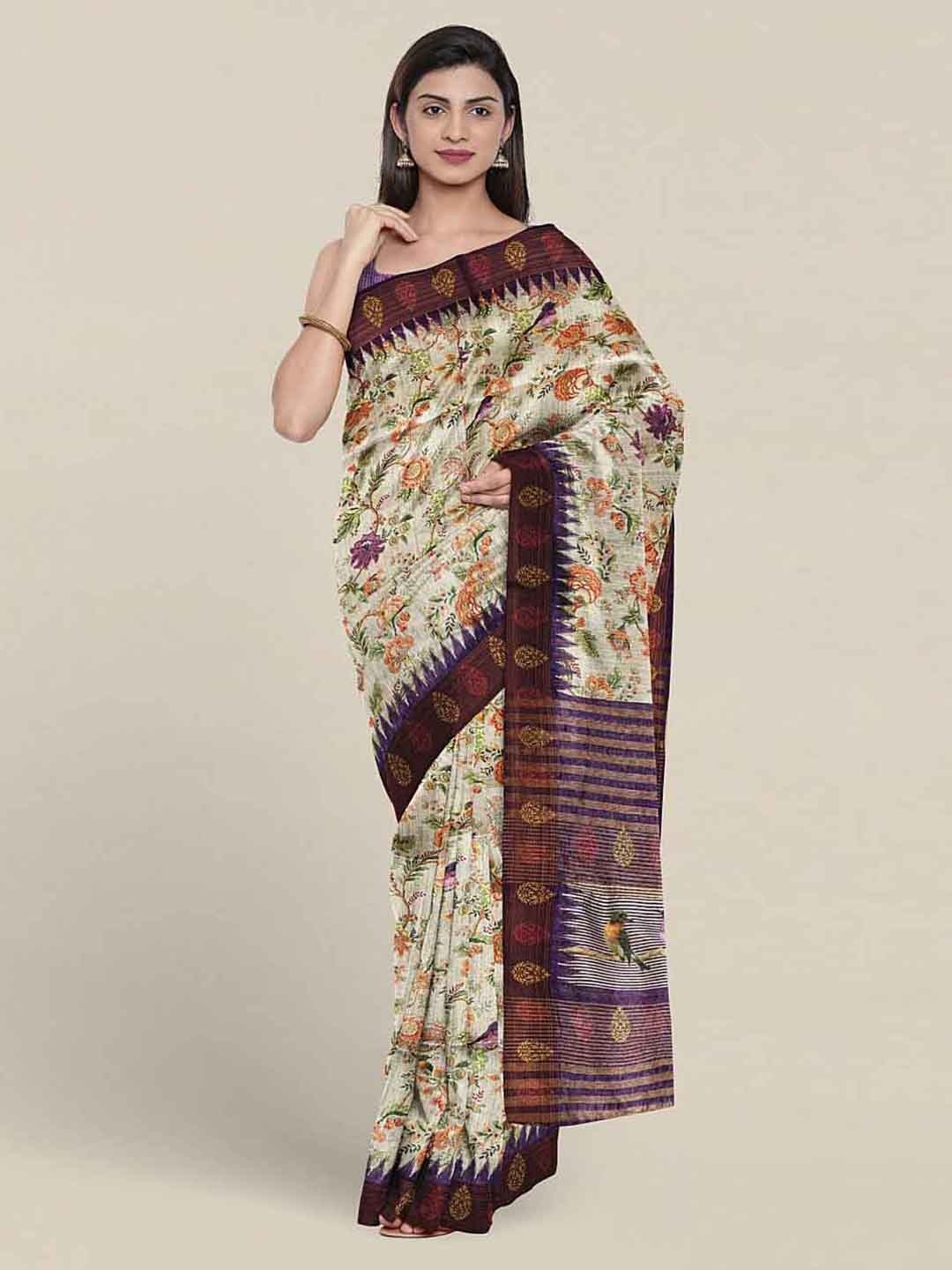 

Pothys Floral Printed Jute Silk Saree With Blouse Piece, White