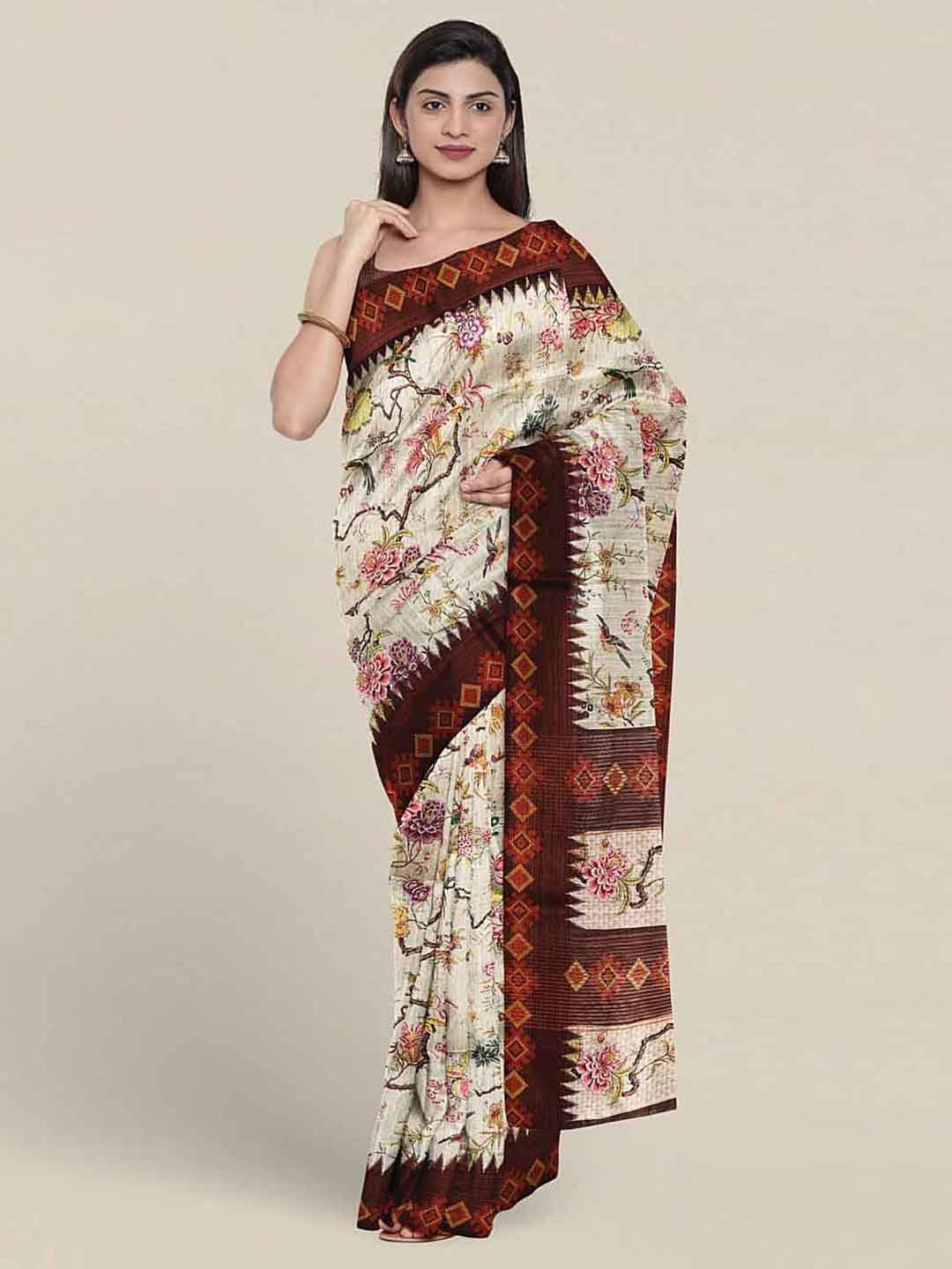 

Pothys Floral Printed Jute Silk Saree, White