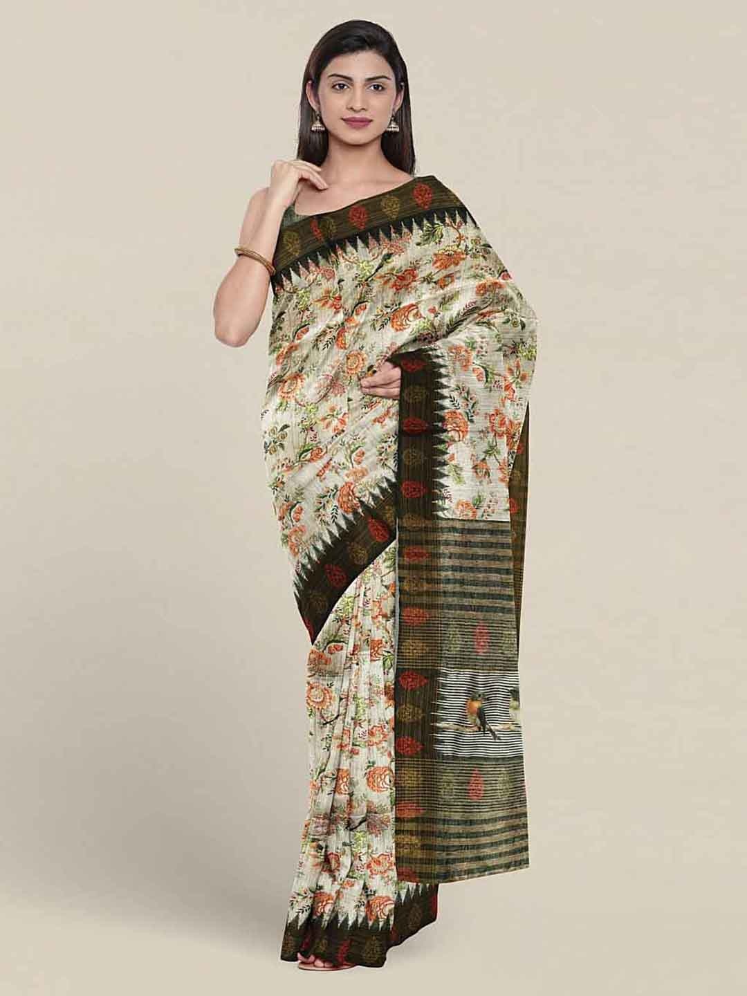 

Pothys Floral Printed Jute Silk Saree, Cream