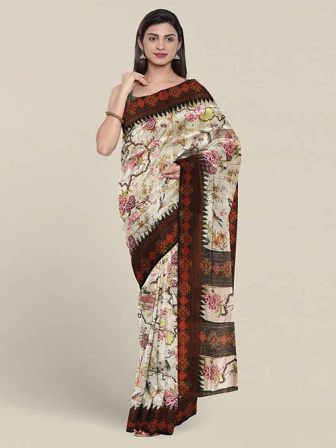 

Pothys Ethnic Motifs Printed Jute Silk Saree, Cream