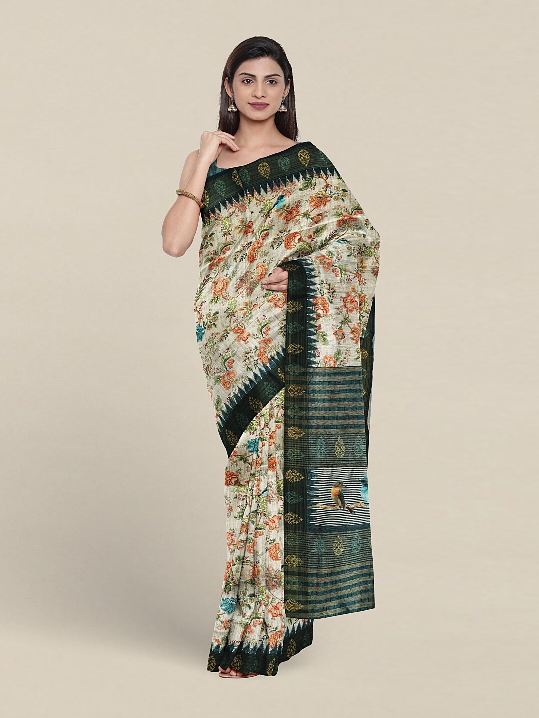 

Pothys Floral Printed Jute Silk Saree, Cream