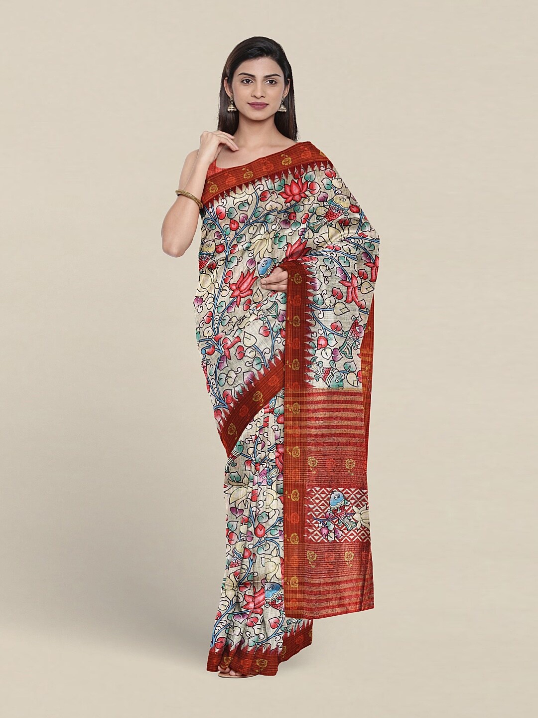 

Pothys Floral Printed Jute Silk Saree, Cream