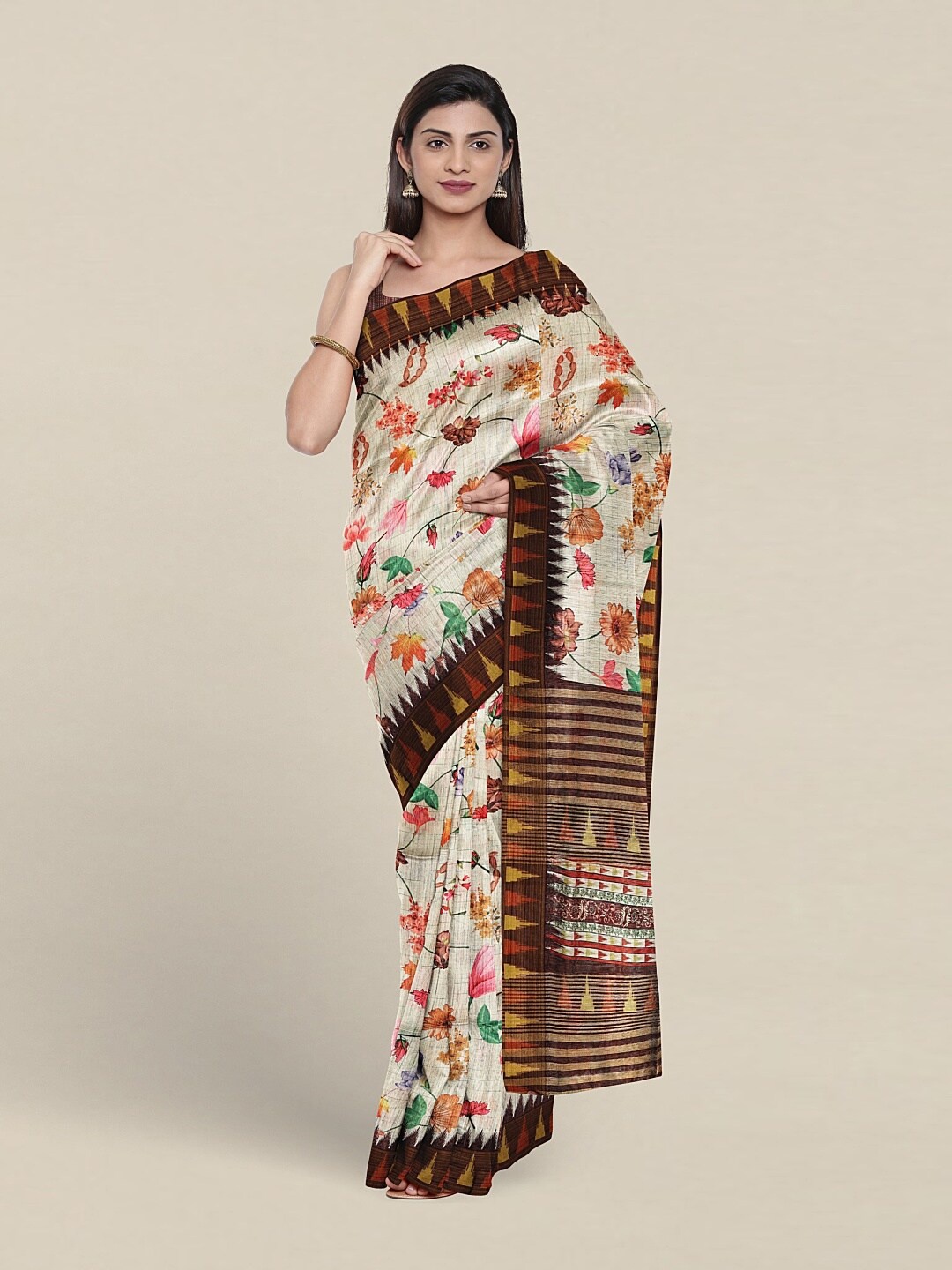 

Pothys Floral Printed Jute Silk Saree, Cream