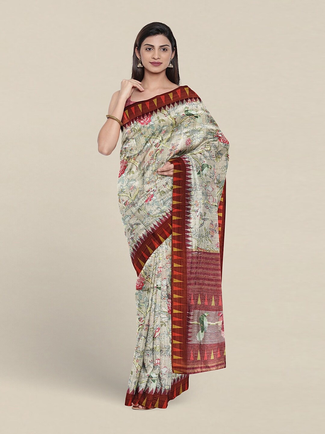 

Pothys Floral Printed Jute Silk Saree, Cream