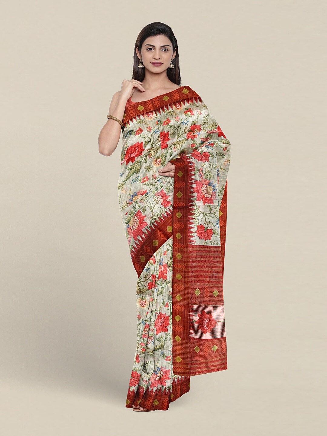 

Pothys Floral Printed Jute Silk Saree, Cream