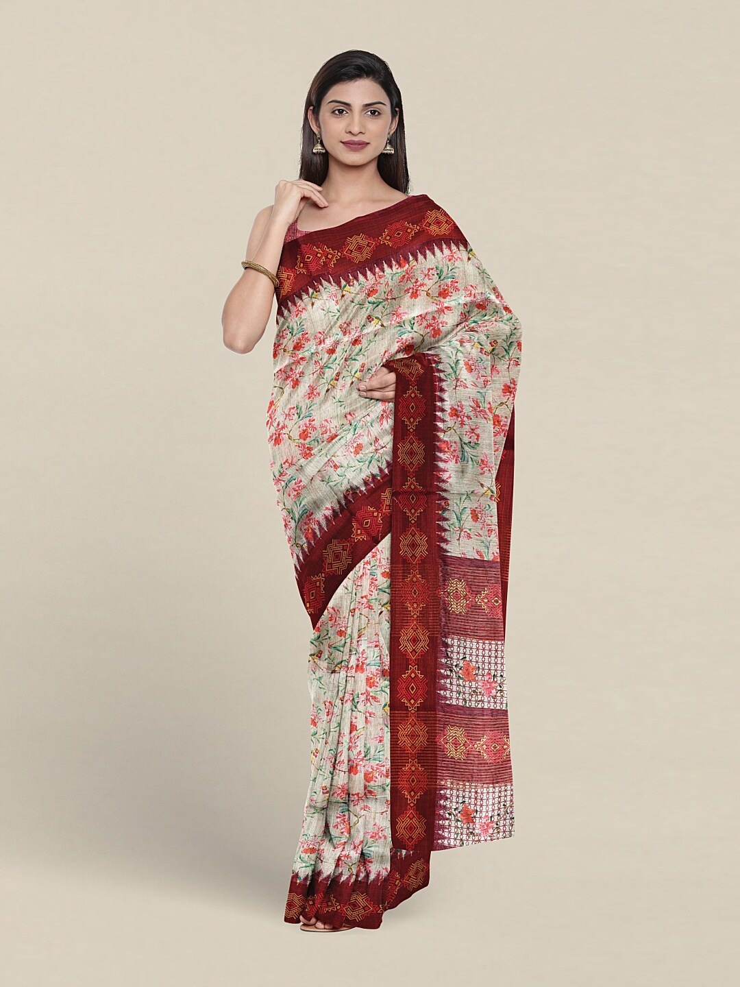 

Pothys Floral Printed Jute Silk Saree, Cream