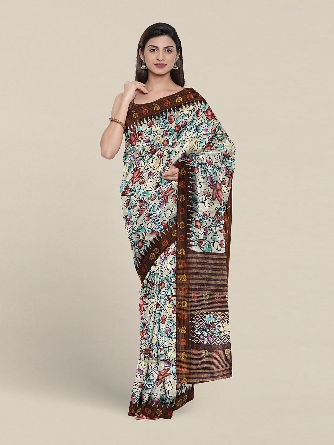 

Pothys Ethnic Motifs Printed Zari Jute Silk Saree, Cream