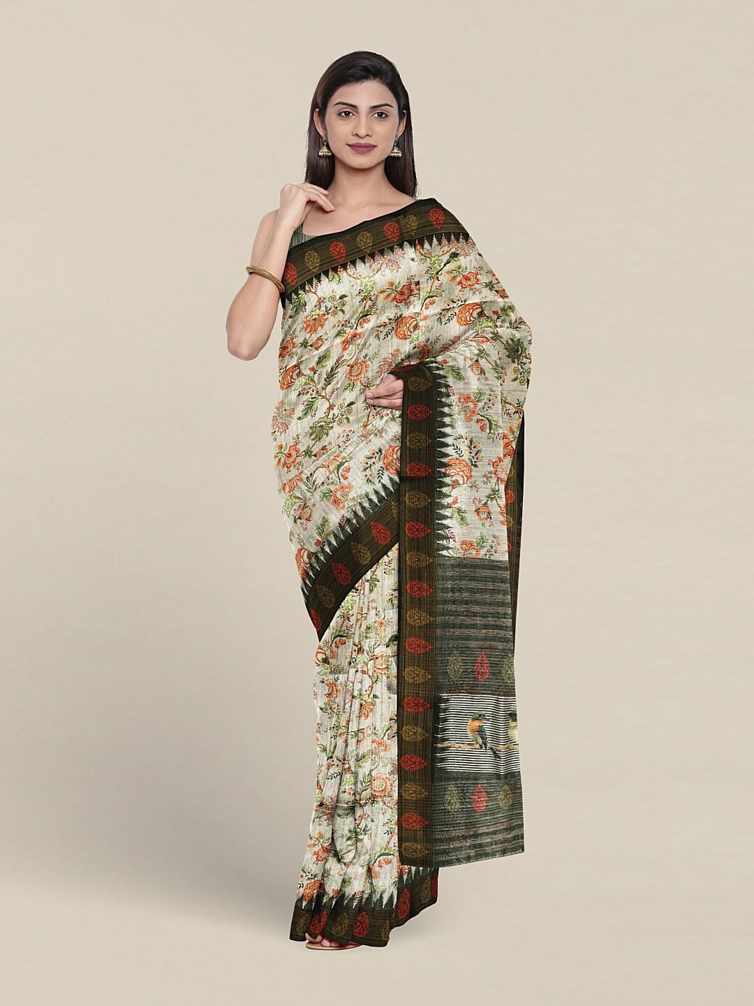 

Pothys Floral Printed Jute Silk Saree, Green