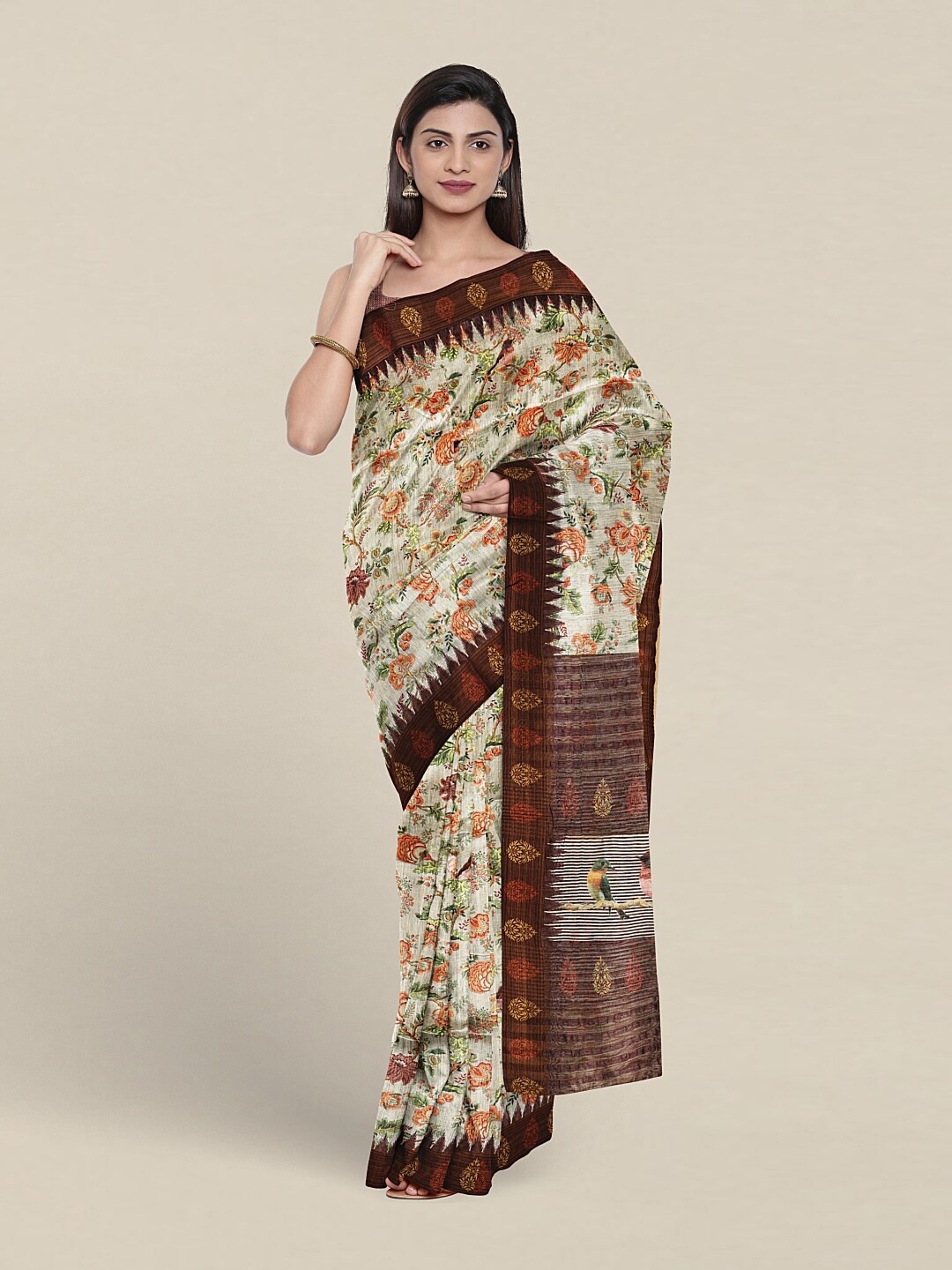 

Pothys Floral Printed Jute Silk Saree, White
