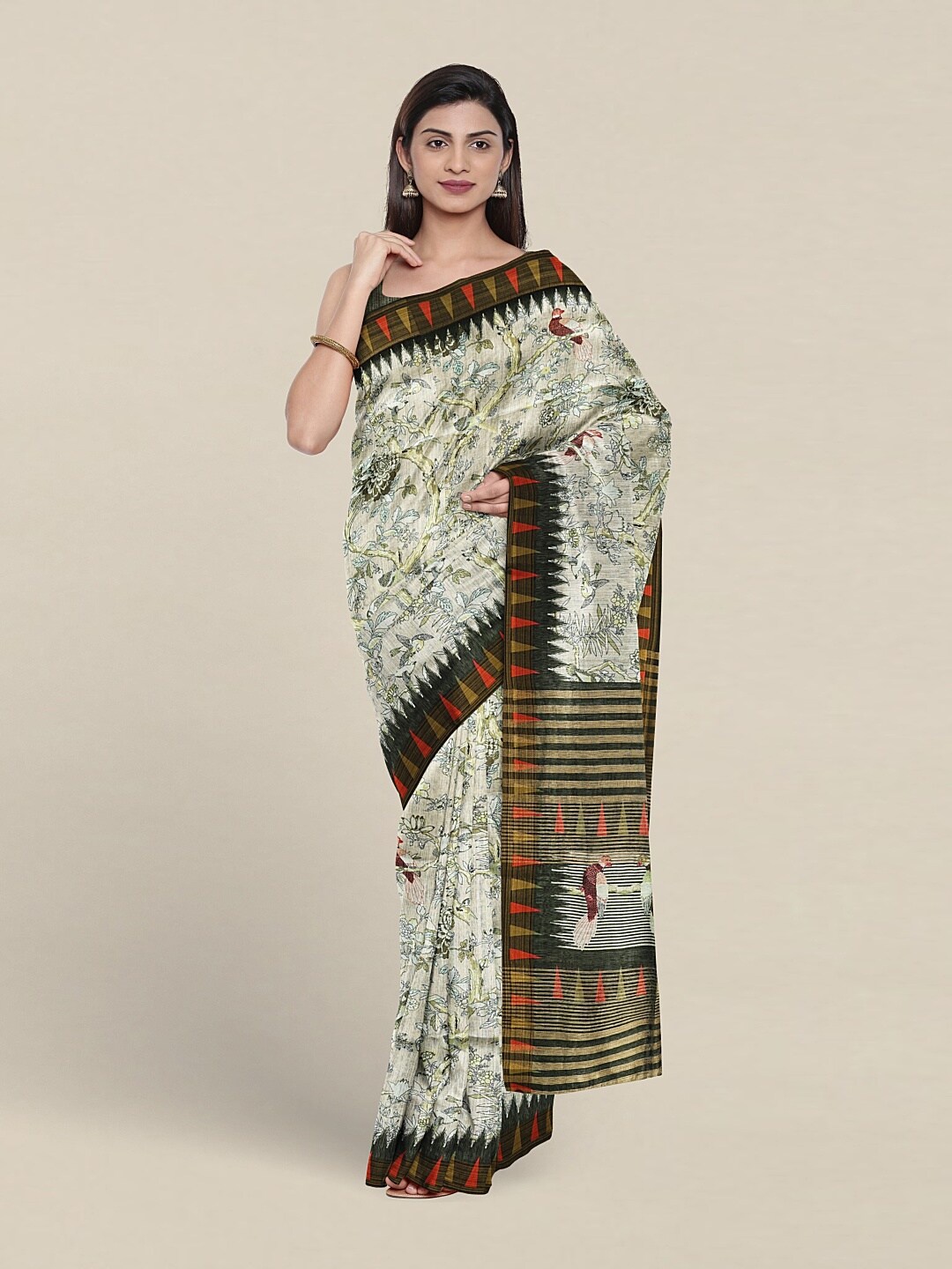 

Pothys Floral Printed Jute Silk Saree, Off white