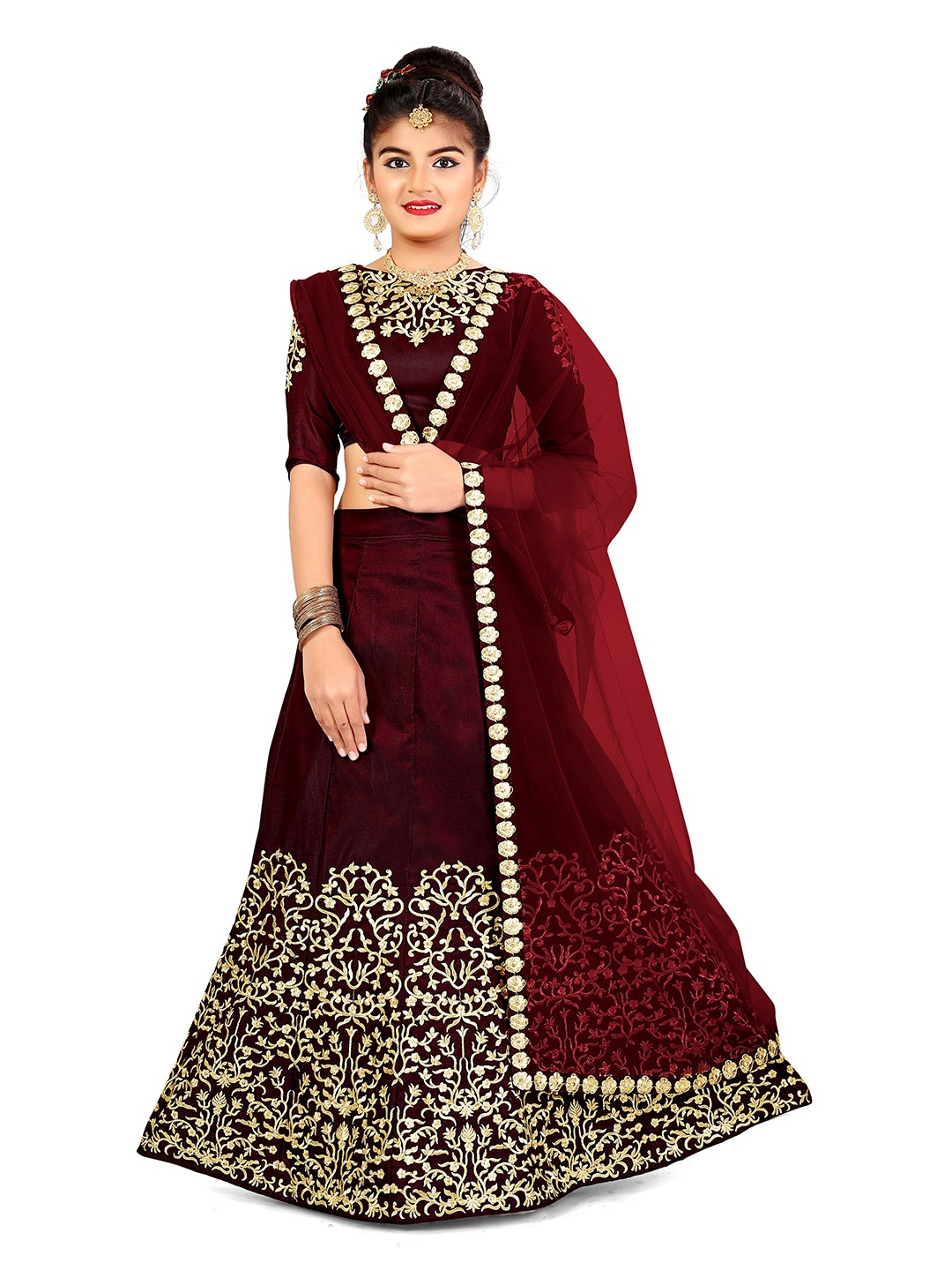 

WTWC FAB Girls Embroidered Semi-Stitched Lehenga With Unstitched Blouse With Dupatta, Maroon