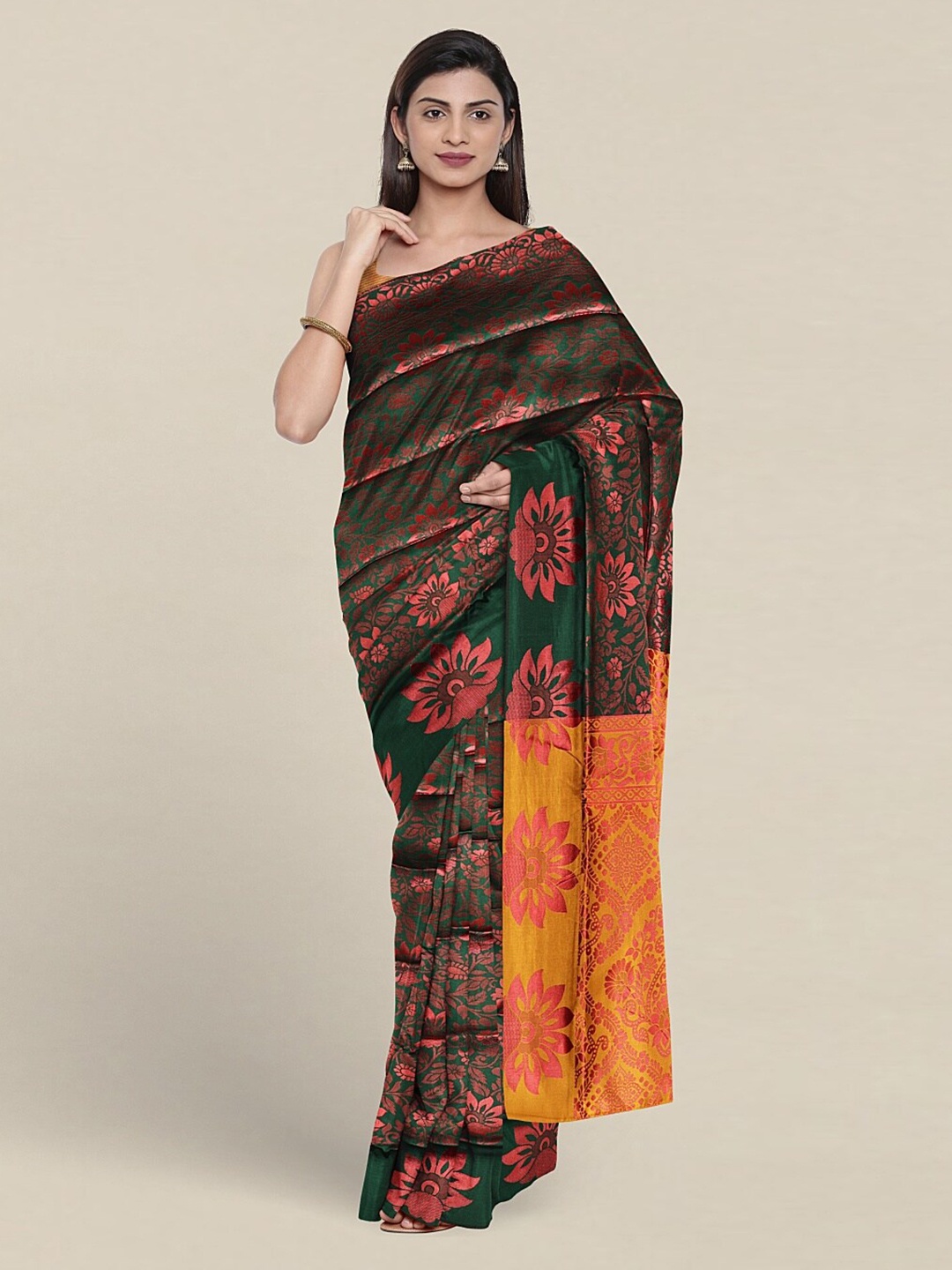 

Pothys Floral Zari Jute Silk Saree With Blouse Piece, Green