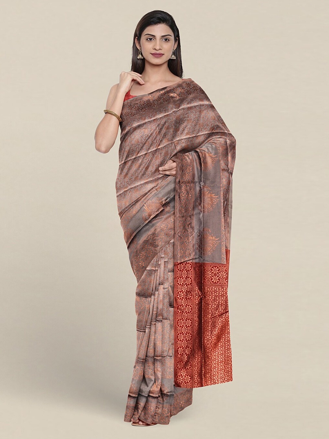

Pothys Floral Woven Design Zari Jute Silk Saree, Grey