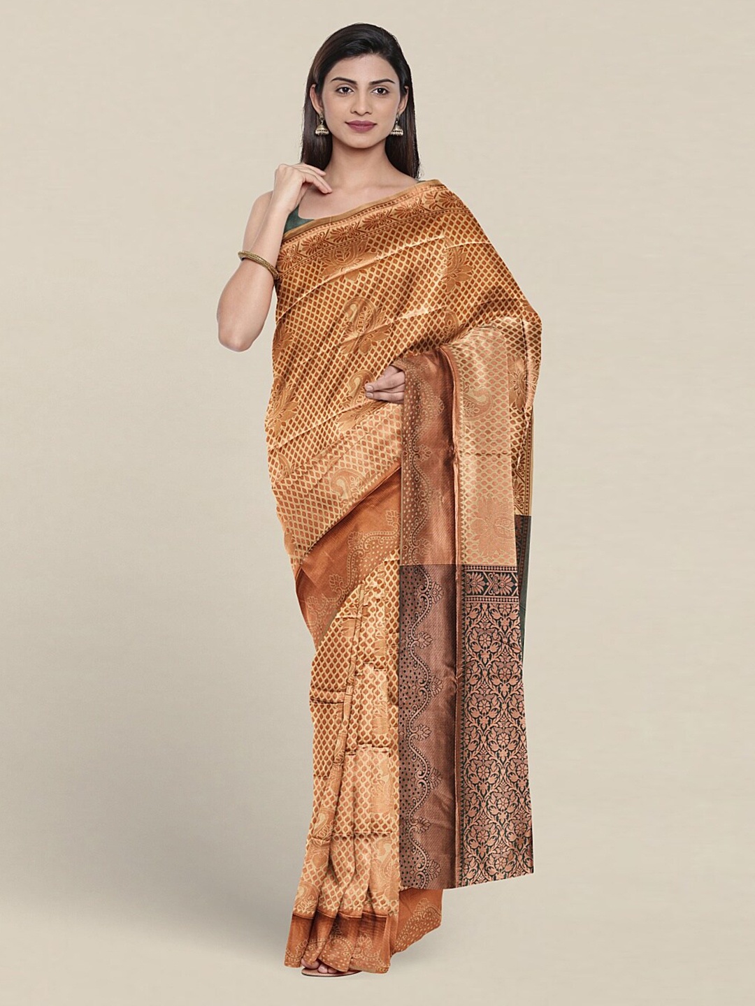 

Pothys Ethnic Motifs Printed Zari Jute Silk Saree, Cream