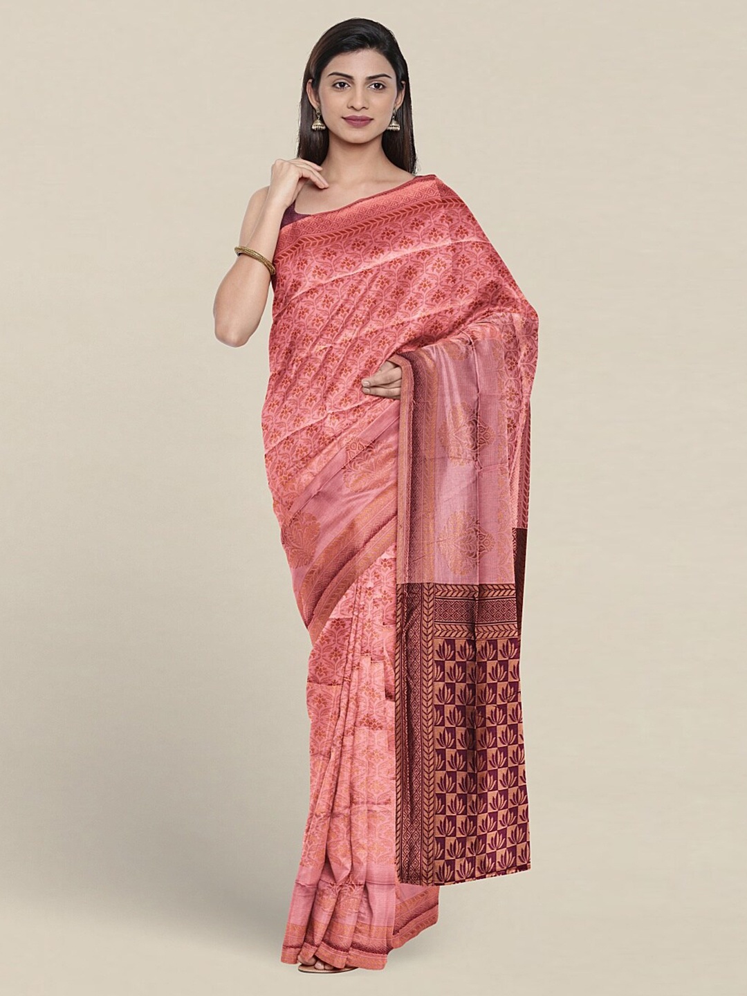 

Pothys Ethnic Motifs Woven Design Zari Jute Silk Saree, Pink