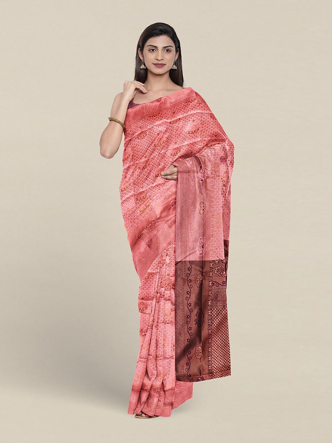 

Pothys Ethnic Motifs Woven Design Zari Jute Silk Saree, Pink