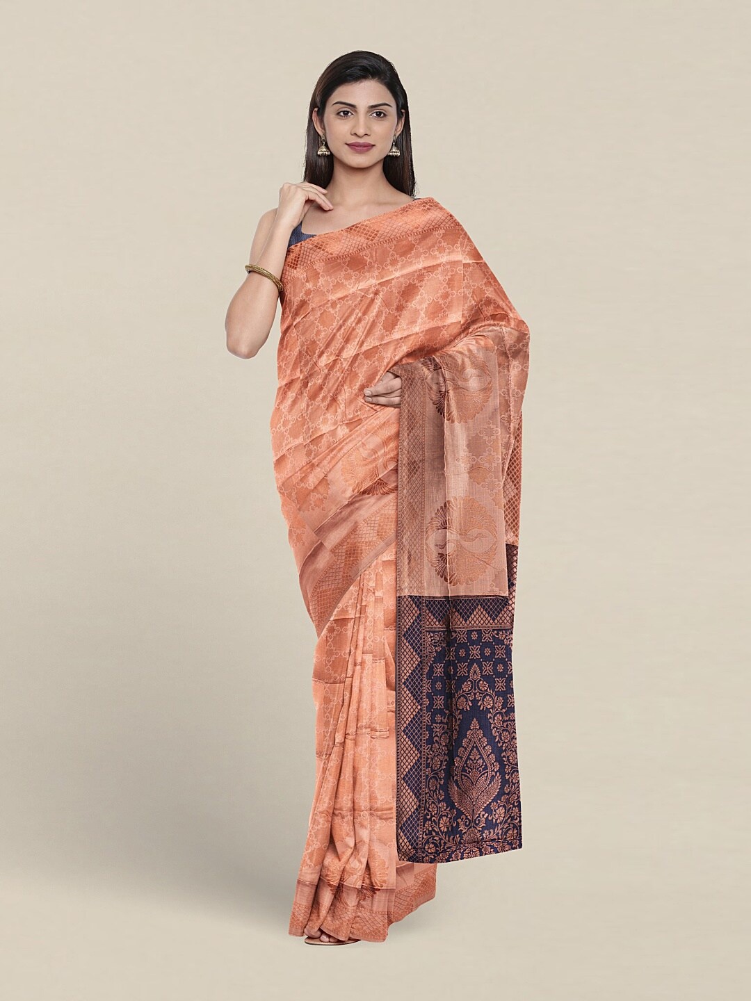 

Pothys Ethnic Motifs Woven Design Zari Jute Silk Saree, Peach