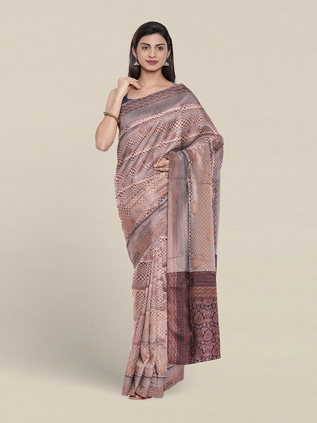 

Pothys Geometric Woven Design Zari Jute Silk Saree, Grey