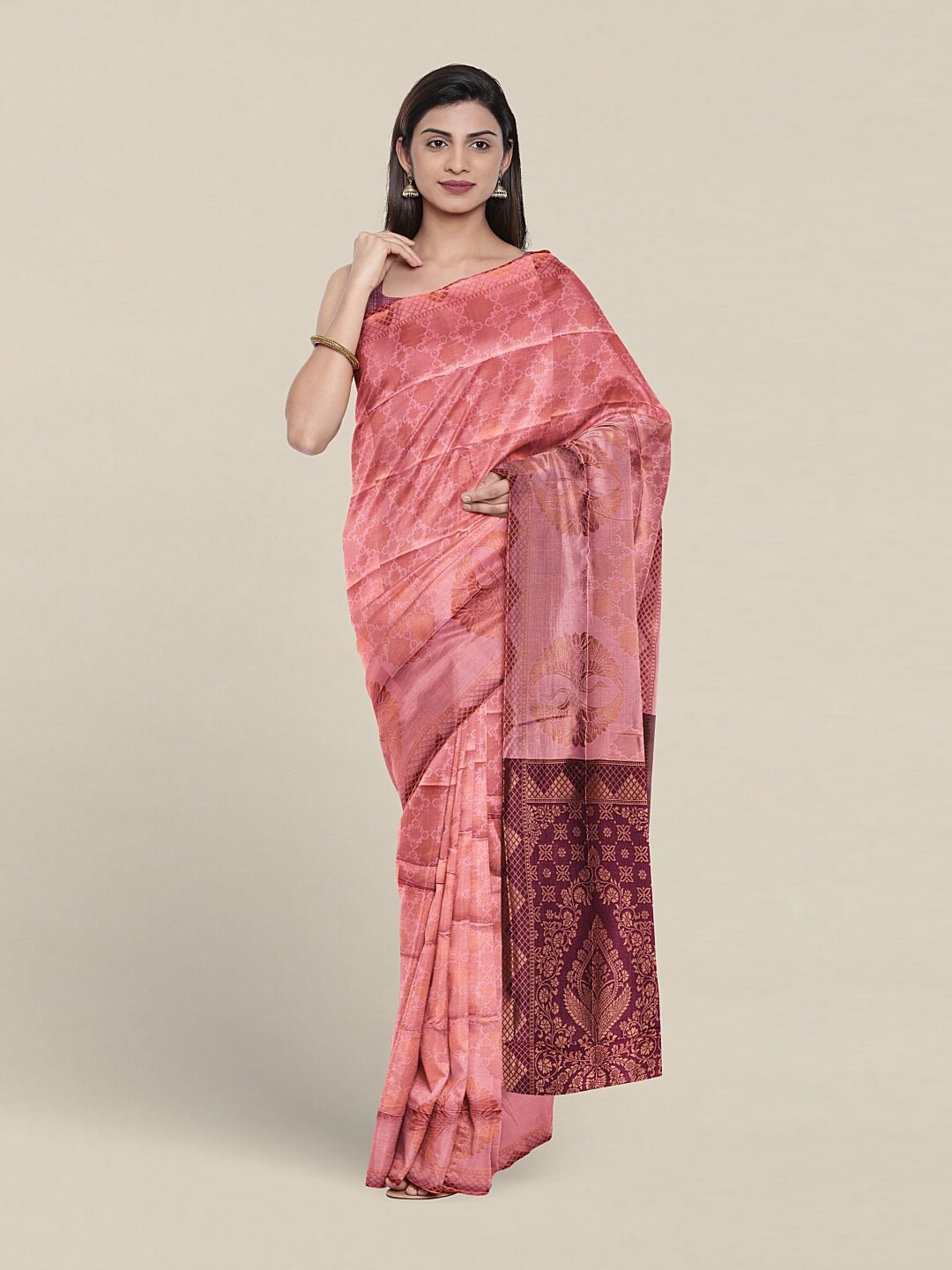 

Pothys Ethnic Motifs Woven Design Zari Jute Silk Saree, Pink