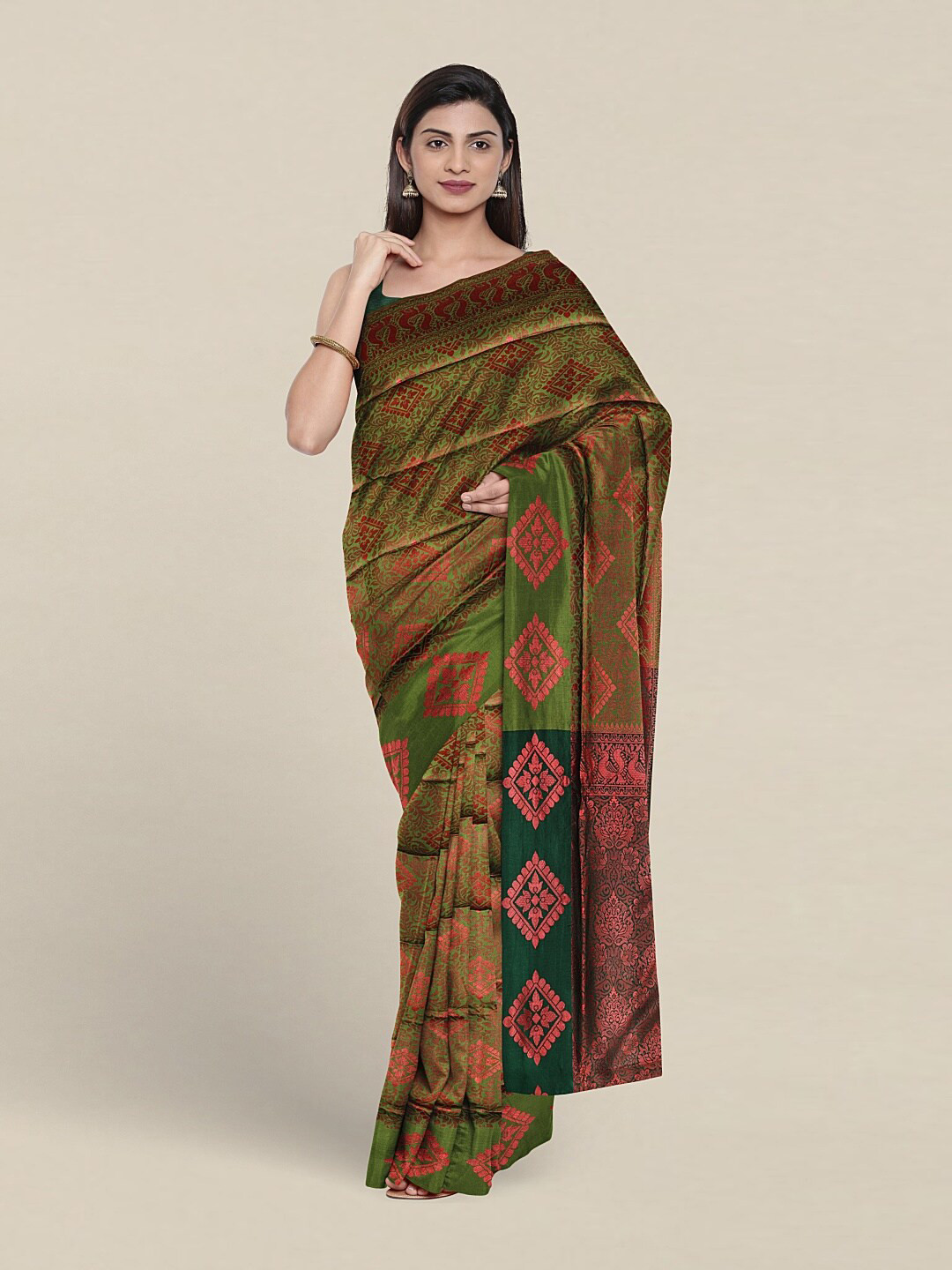 

Pothys Floral Woven Design Zari Jute Silk Saree, Green