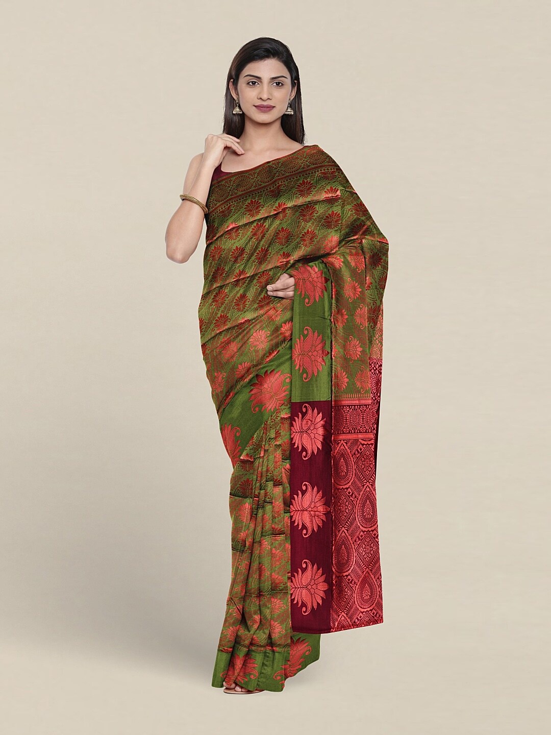 

Pothys Floral Woven Design Jute Silk Saree, Green