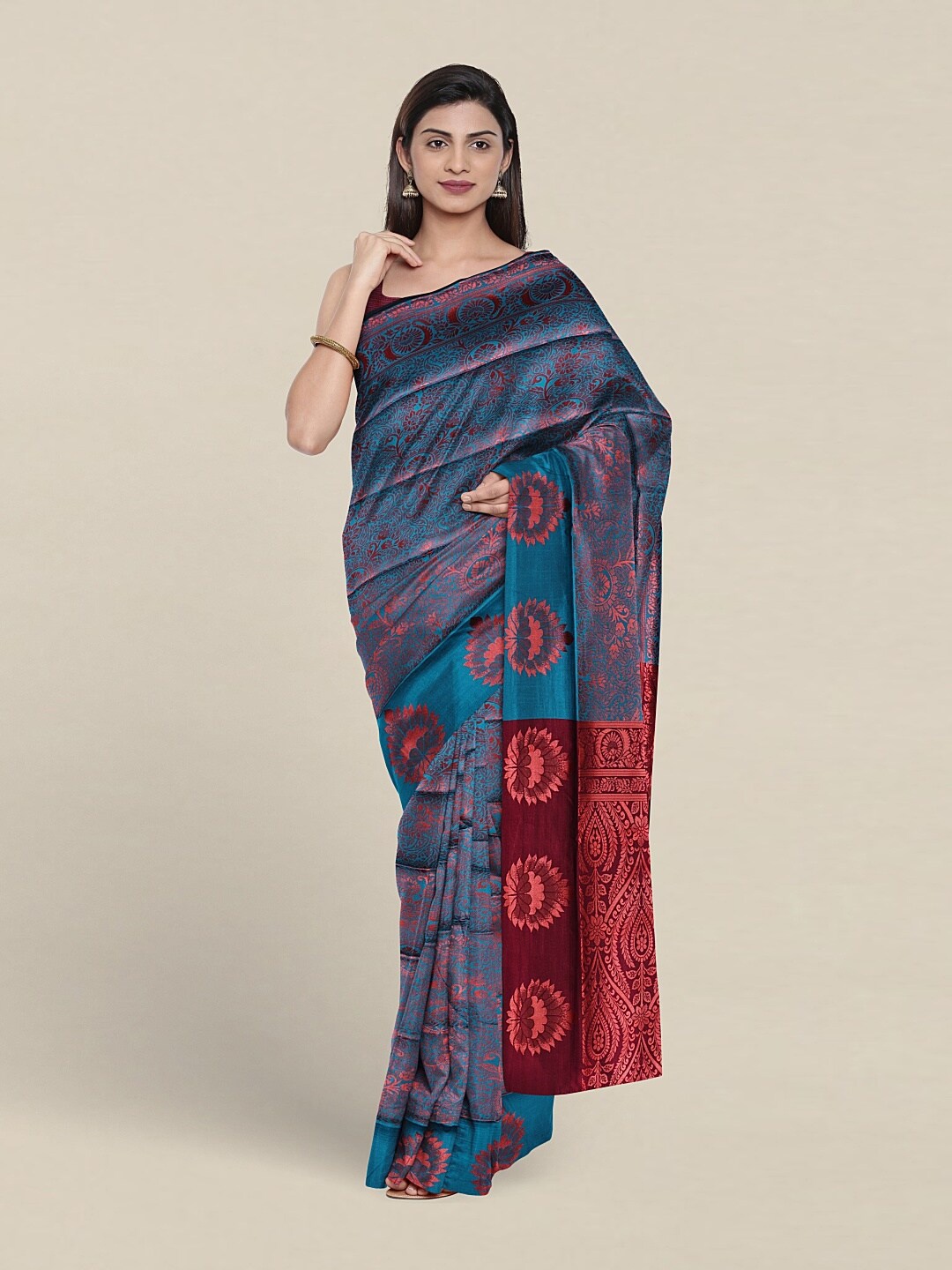 

Pothys Ethnic Motif Zari Jute Silk Saree With Blouse Piece, Blue