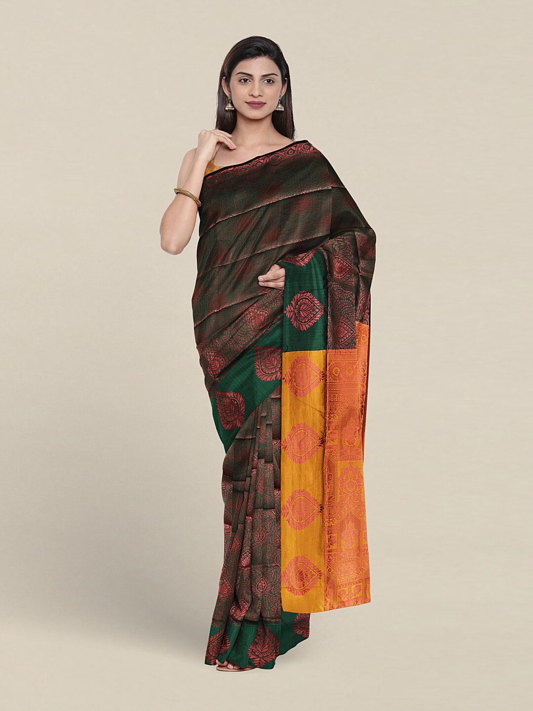 

Pothys Green & Yellow Woven Design Jute Silk Saree