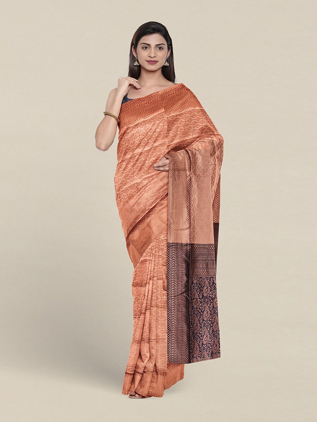 

Pothys Ethnic Motifs Woven Design Zari Jute Silk Saree, Peach