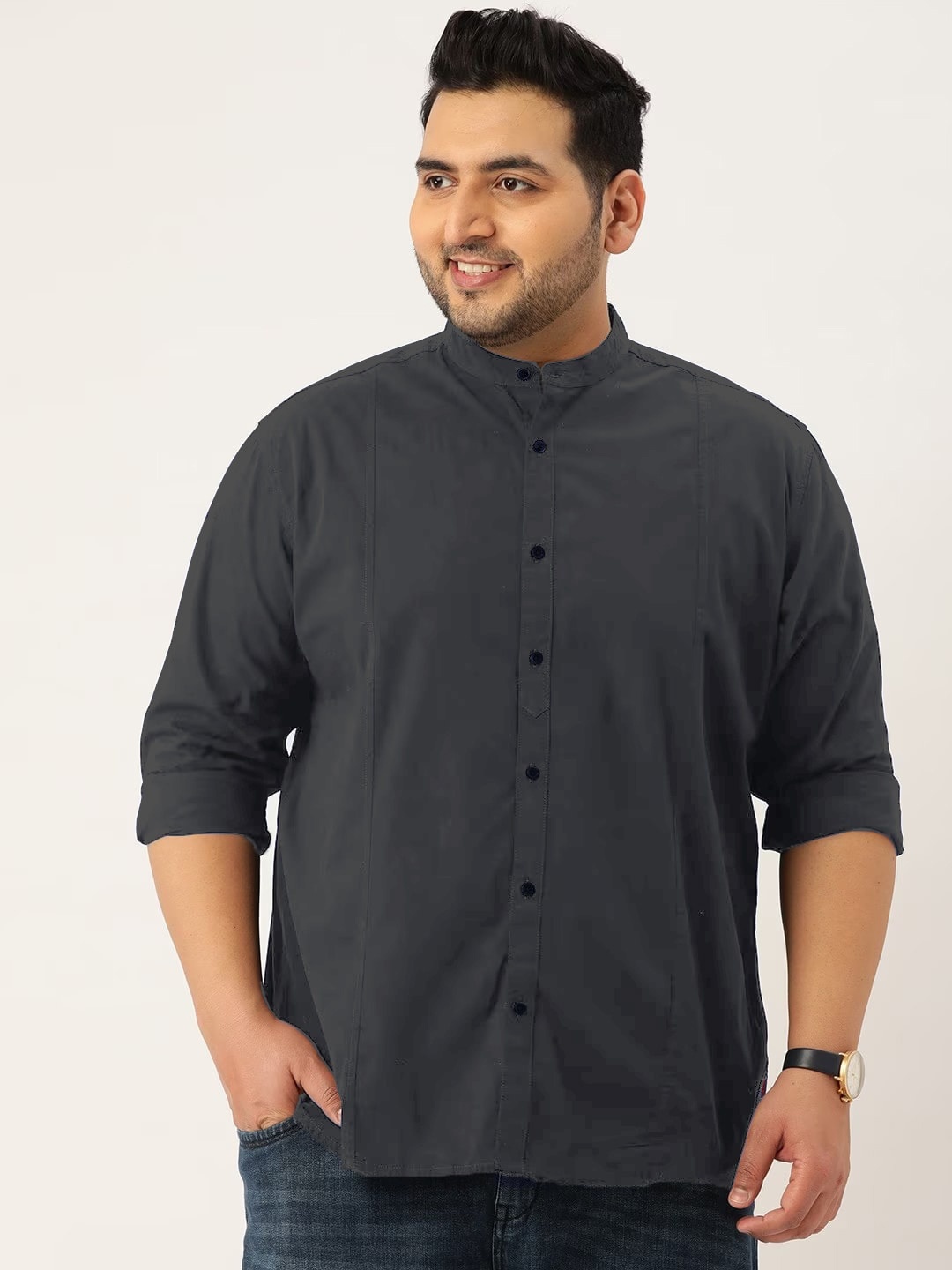 

IVOC Plus Plus Size Mandarin Collar Opaque Pure Cotton Casual Shirt, Charcoal