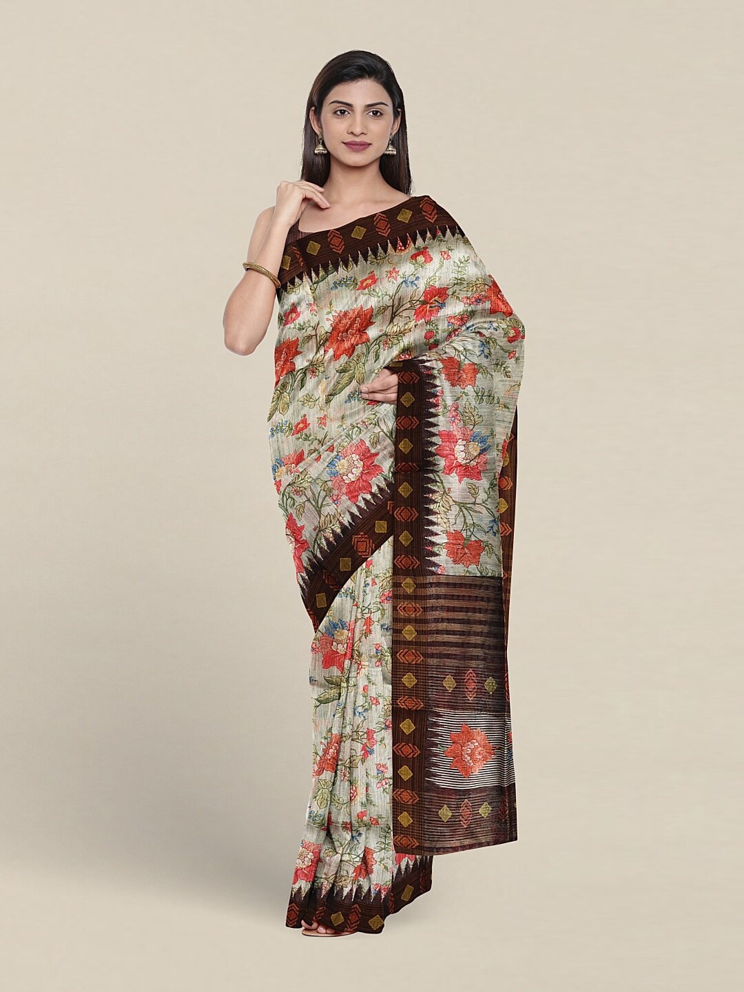 

Pothys Floral Printed Jute Silk Saree, Off white