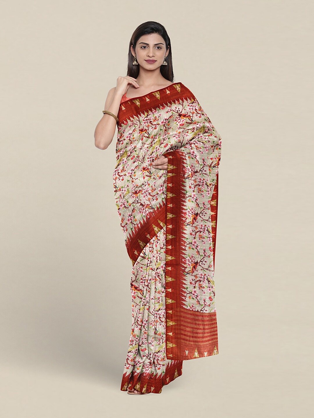 

Pothys Floral Printed Jute Silk Saree With Blouse Piece, Red