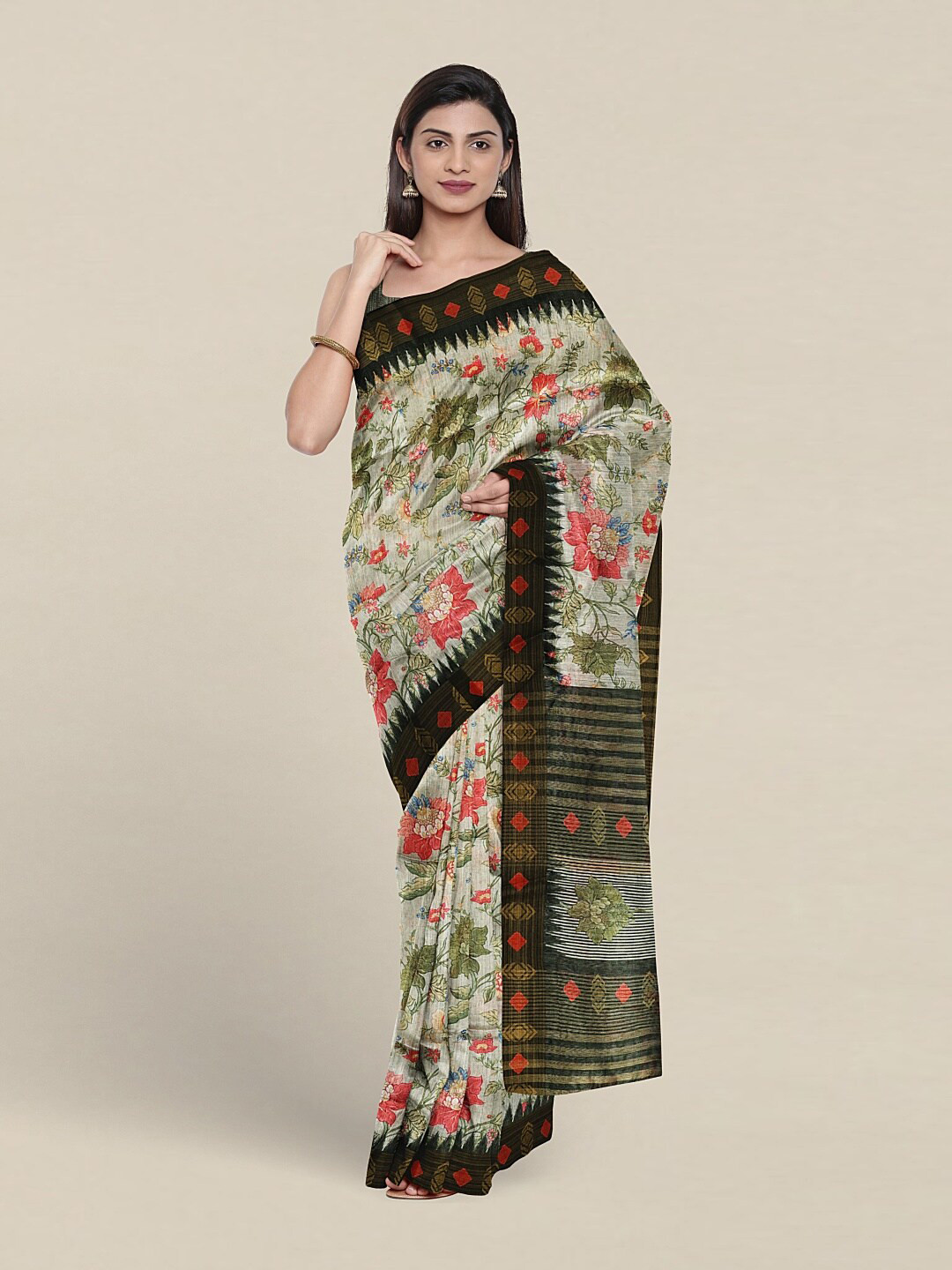 

Pothys Floral Printed Jute Silk Saree, White