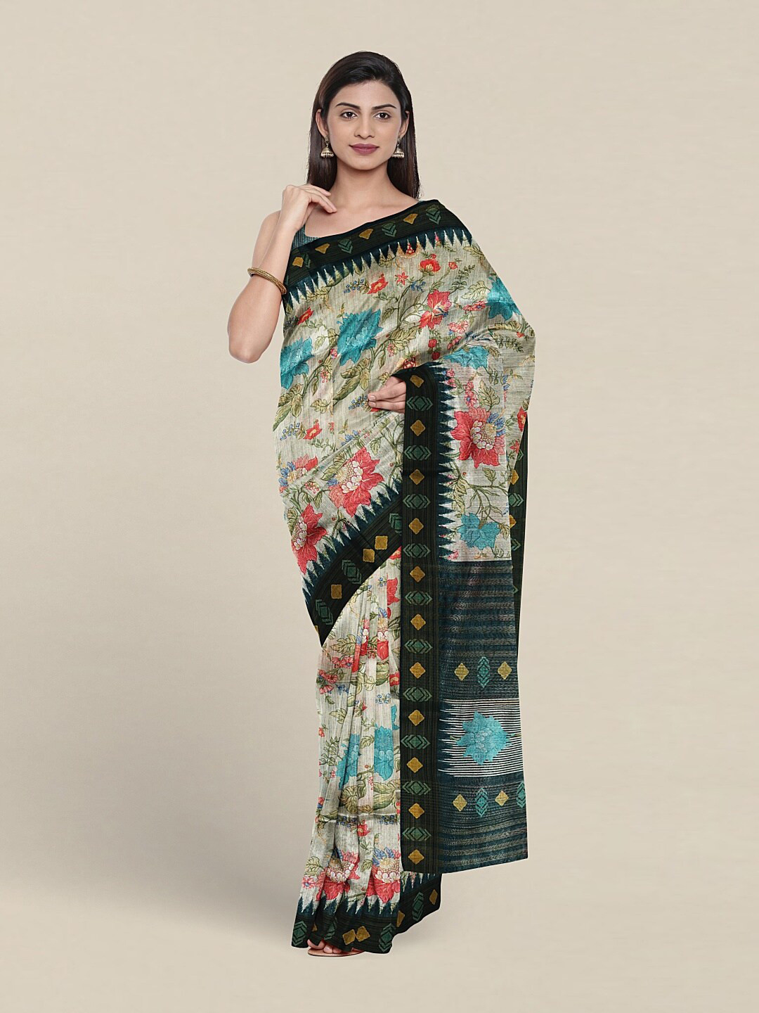 

Pothys Floral Printed Jute Silk Saree, White