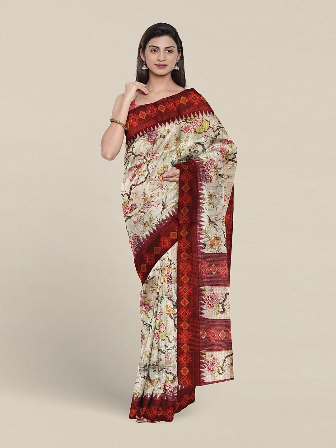 

Pothys Floral Printed Jute Silk Saree, Beige