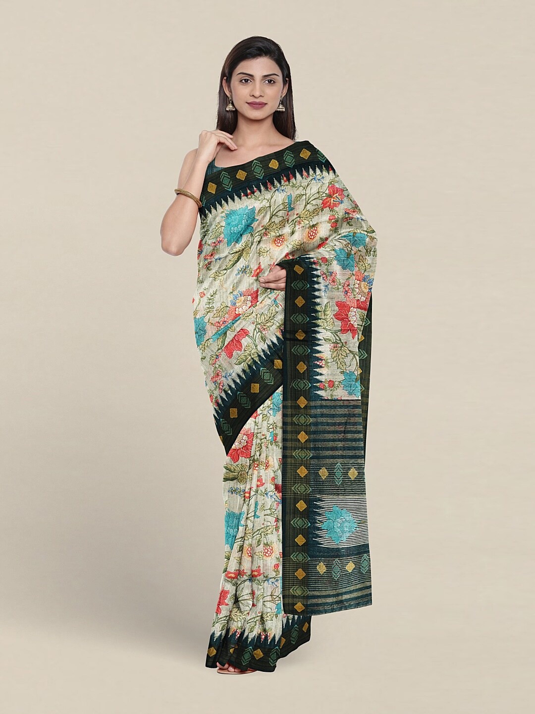 

Pothys Floral Printed Jute Silk Saree, Off white
