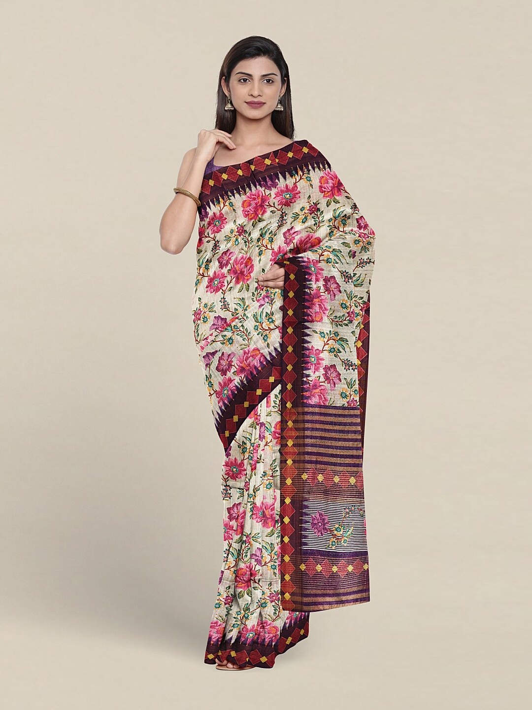 

Pothys Floral Printed Jute Silk Saree, Pink
