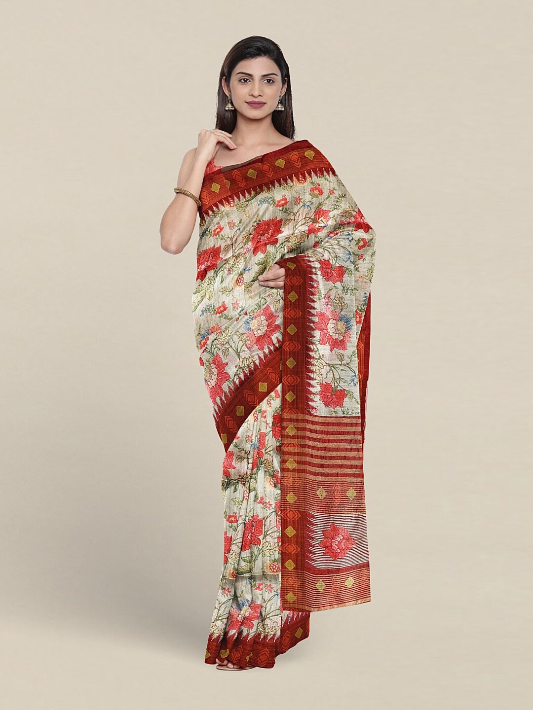 

Pothys Floral Printed Jute Silk Saree, White